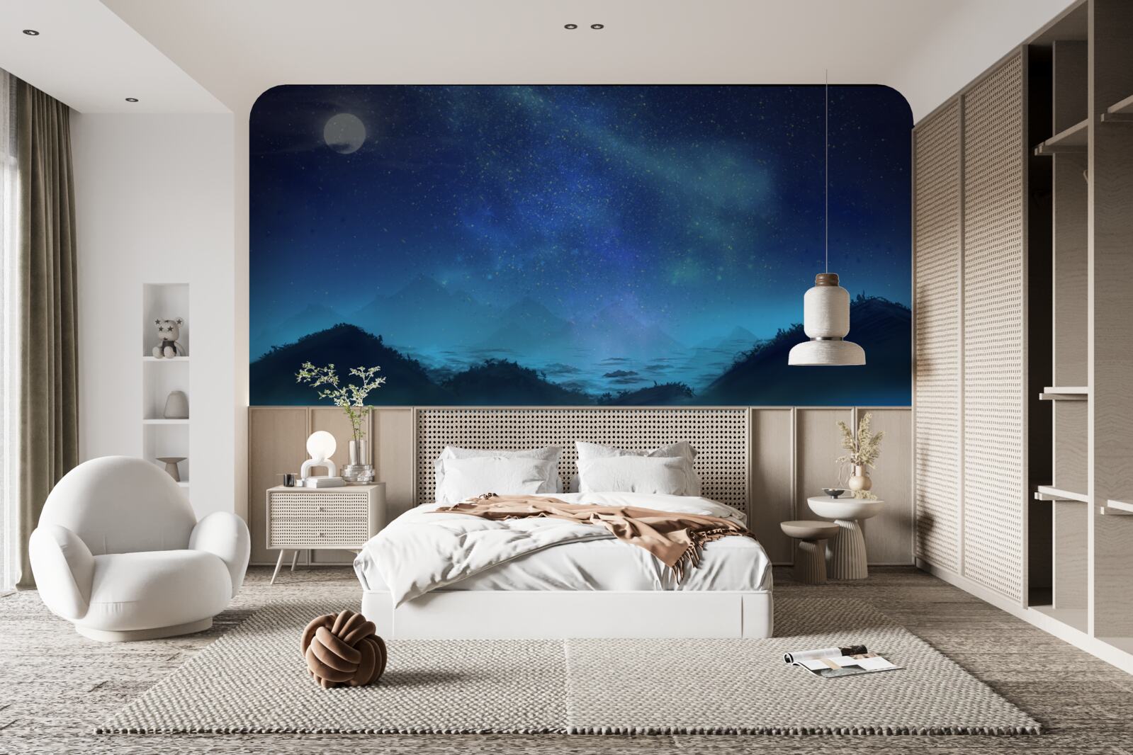 Fotobehang Noorderlicht en sterrenhemel boven bergtoppen