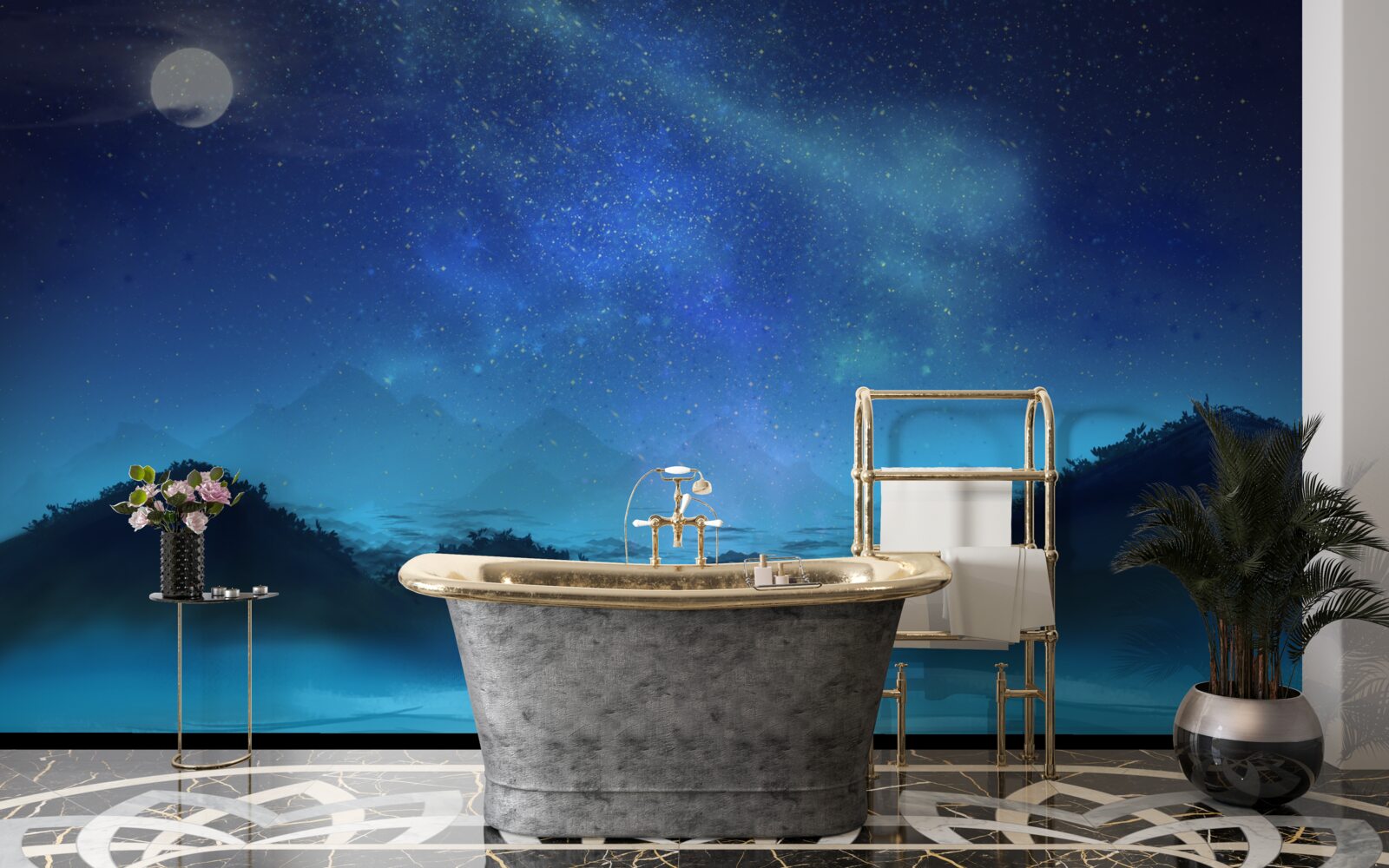 Fotobehang Noorderlicht en sterrenhemel boven bergtoppen