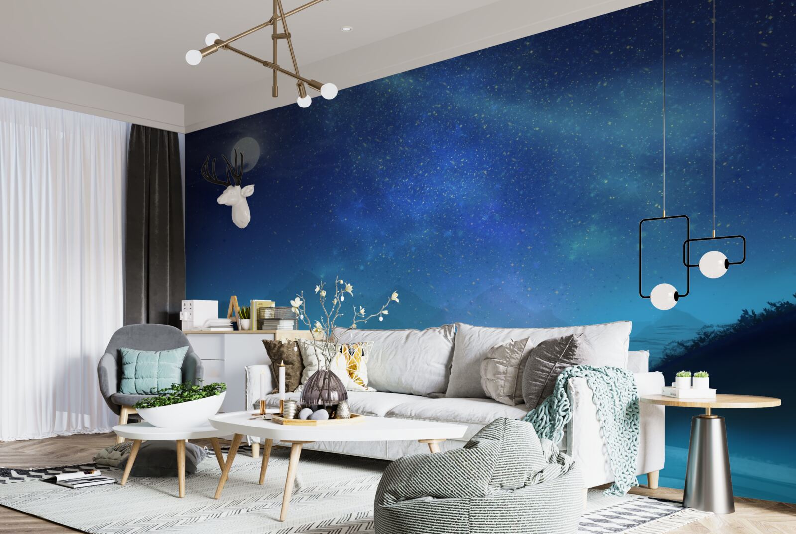 Fotobehang Noorderlicht en sterrenhemel boven bergtoppen