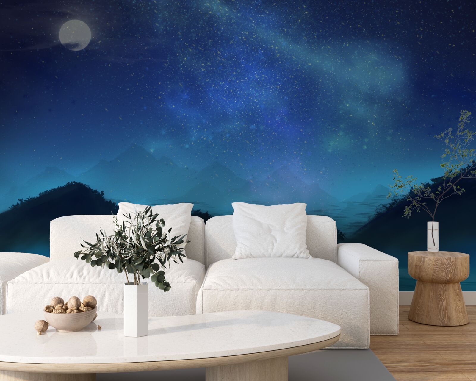 Fotobehang Noorderlicht en sterrenhemel boven bergtoppen