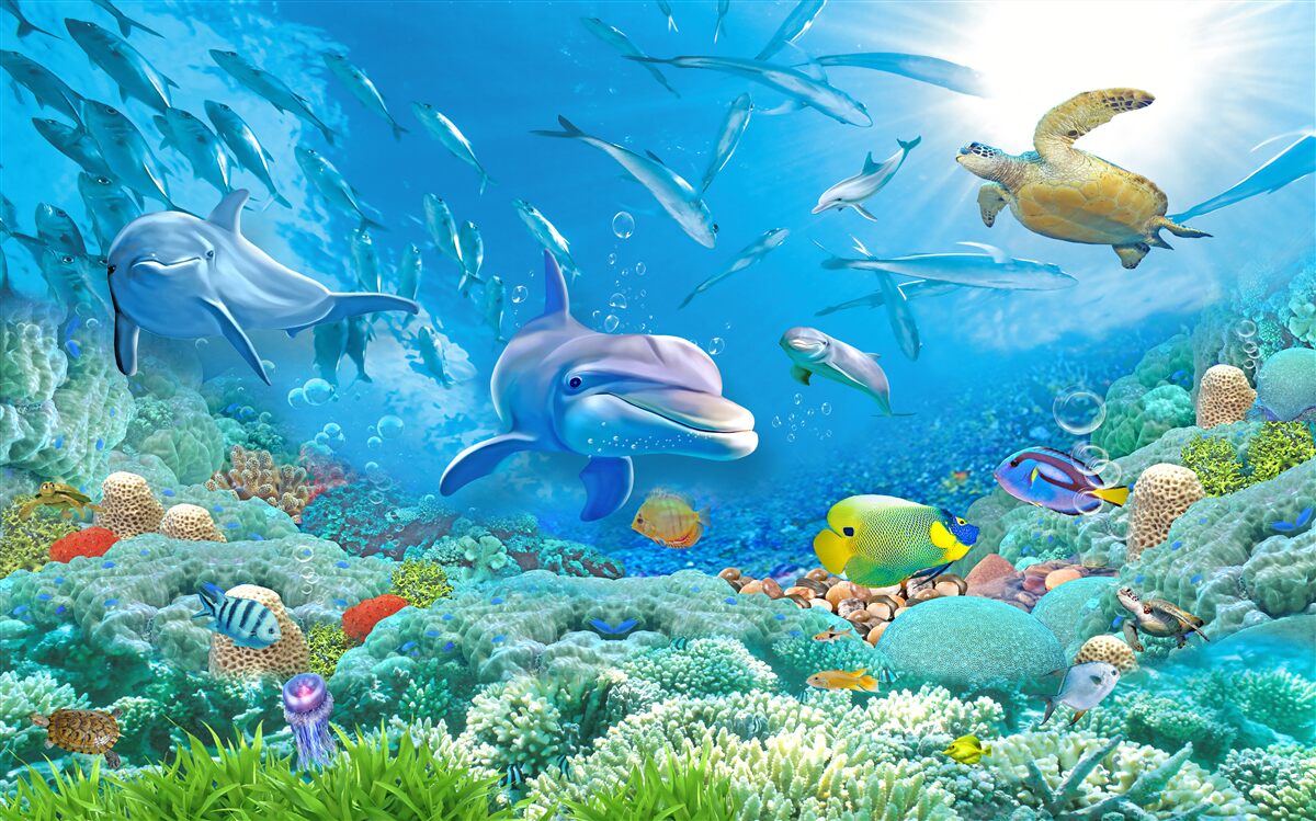 Fotobehang een zeekoninkrijk met vissen, schildpadden en dolfijnen