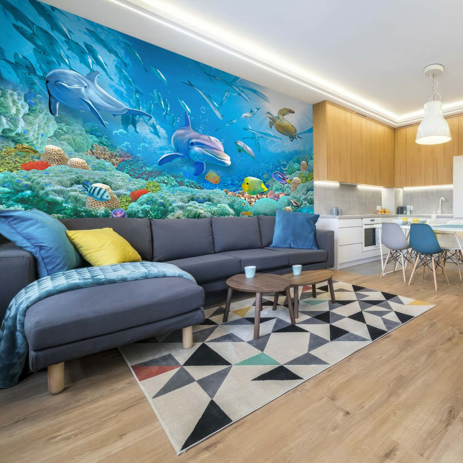 Fotobehang een zeekoninkrijk met vissen, schildpadden en dolfijnen