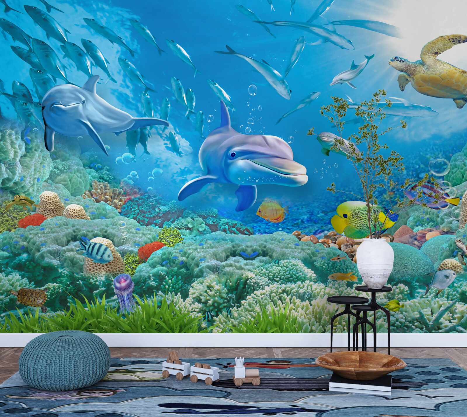 Fotobehang een zeekoninkrijk met vissen, schildpadden en dolfijnen