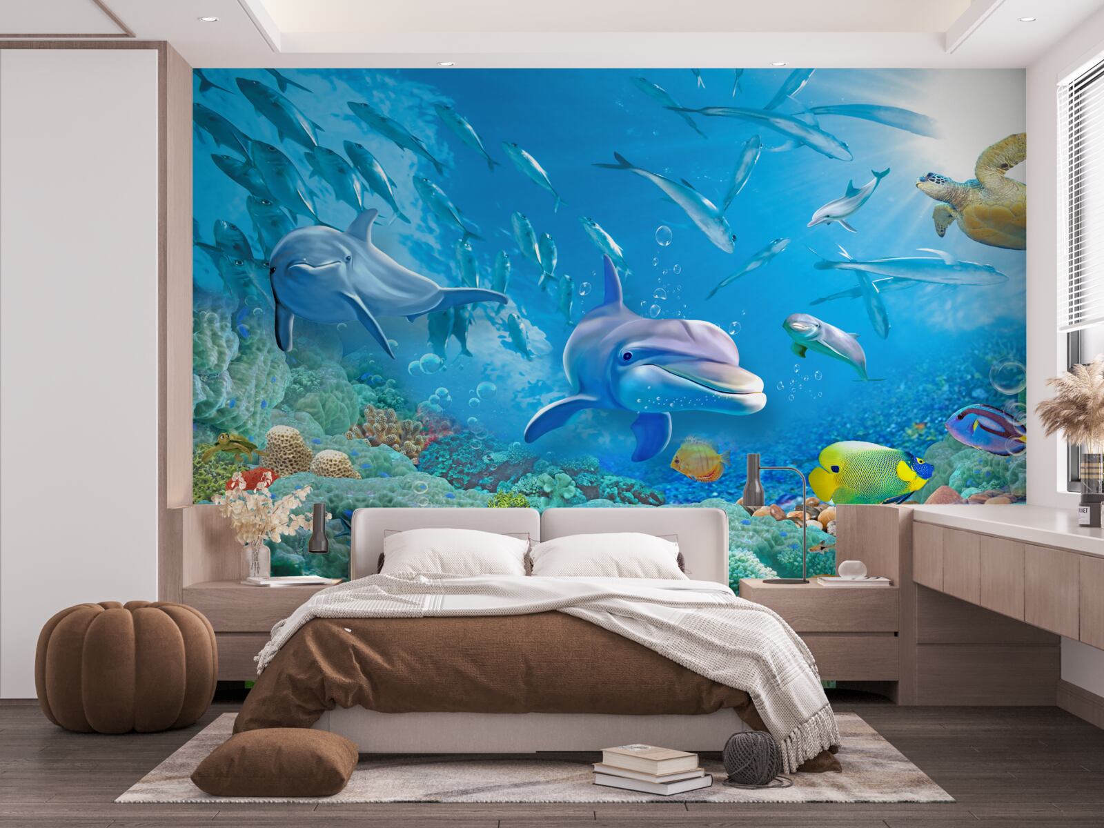 Fotobehang een zeekoninkrijk met vissen, schildpadden en dolfijnen