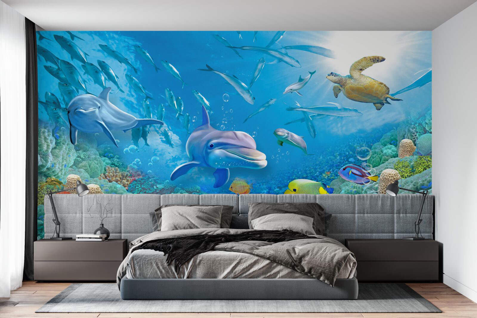 Fotobehang een zeekoninkrijk met vissen, schildpadden en dolfijnen