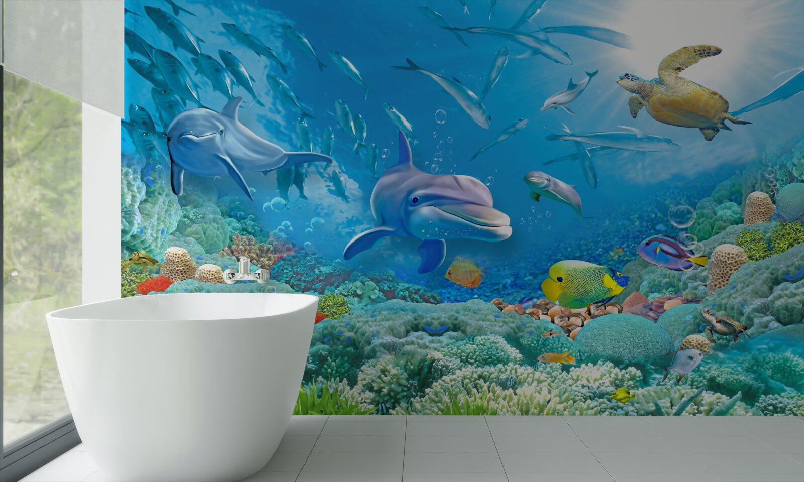 Fotobehang een zeekoninkrijk met vissen, schildpadden en dolfijnen