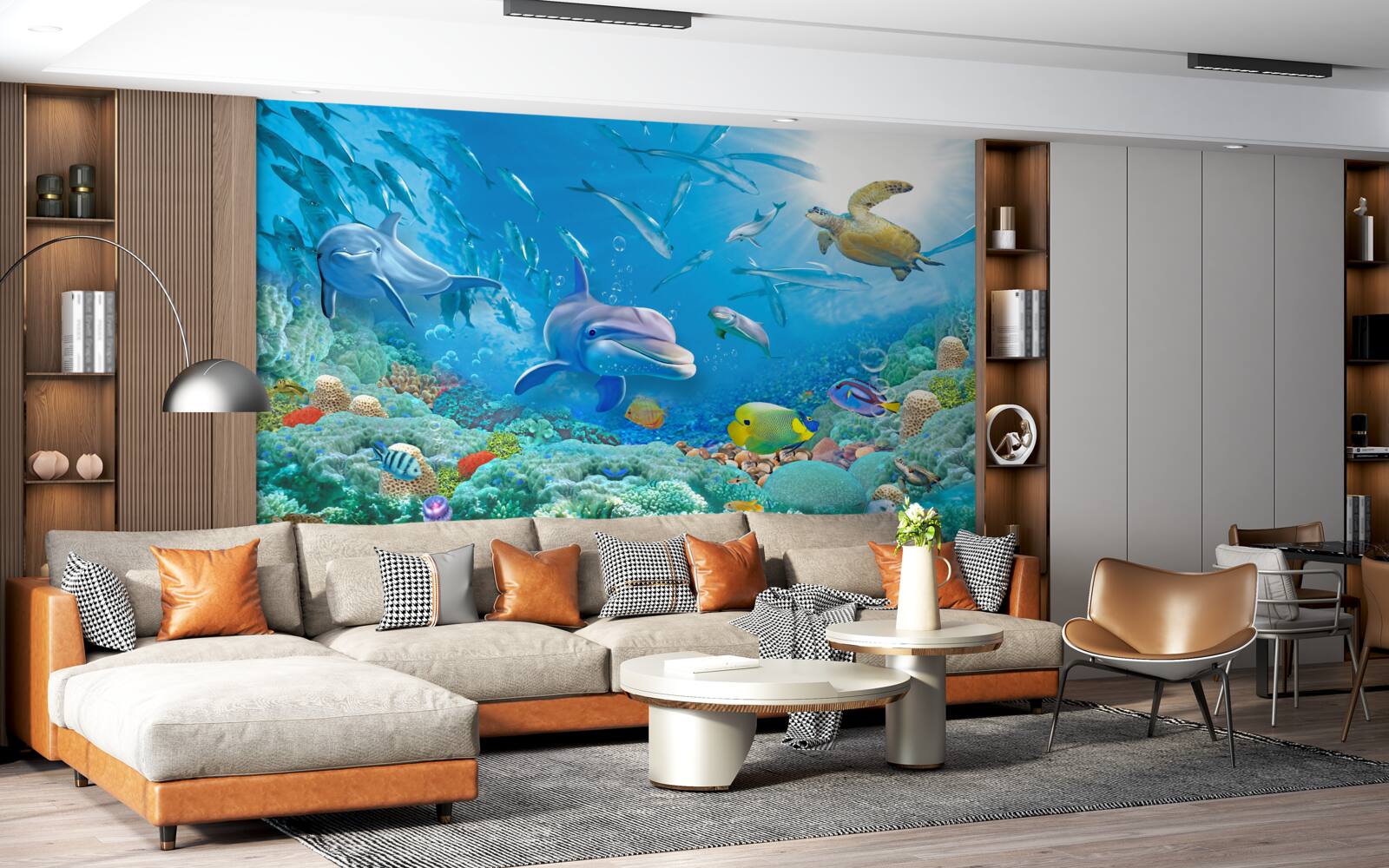 Fotobehang een zeekoninkrijk met vissen, schildpadden en dolfijnen