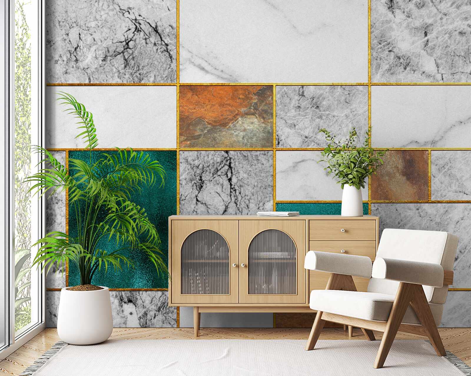 Fotobehang smaragd ontmoet grijs mozaïek