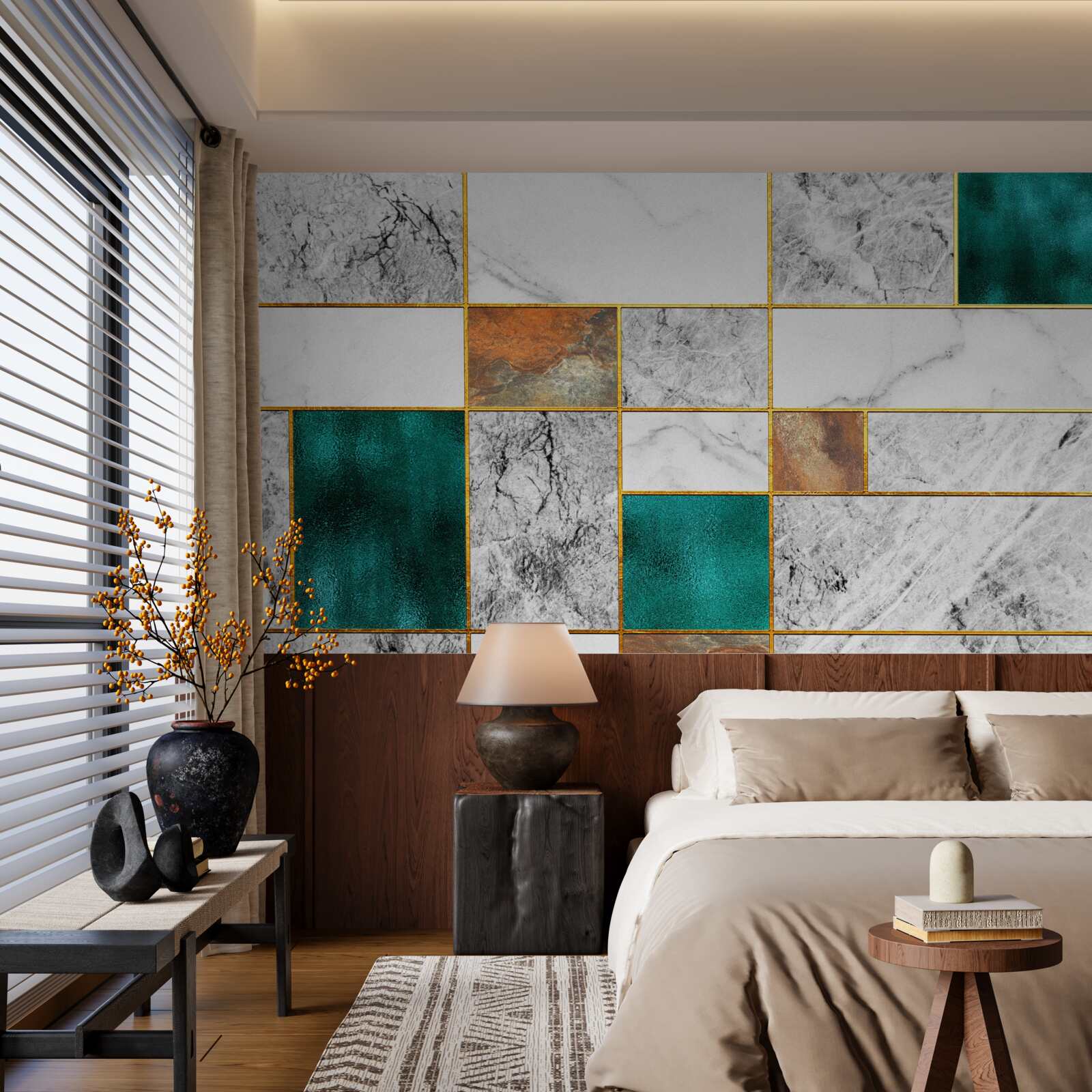 Fotobehang smaragd ontmoet grijs mozaïek