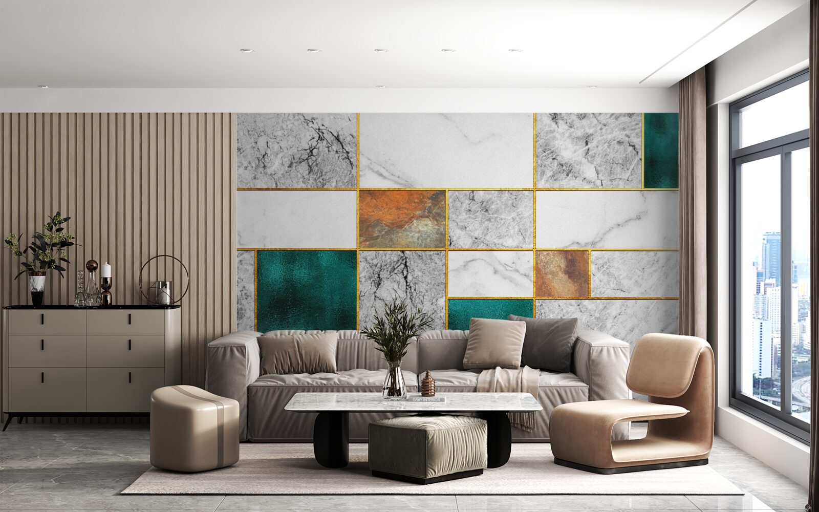 Fotobehang smaragd ontmoet grijs mozaïek