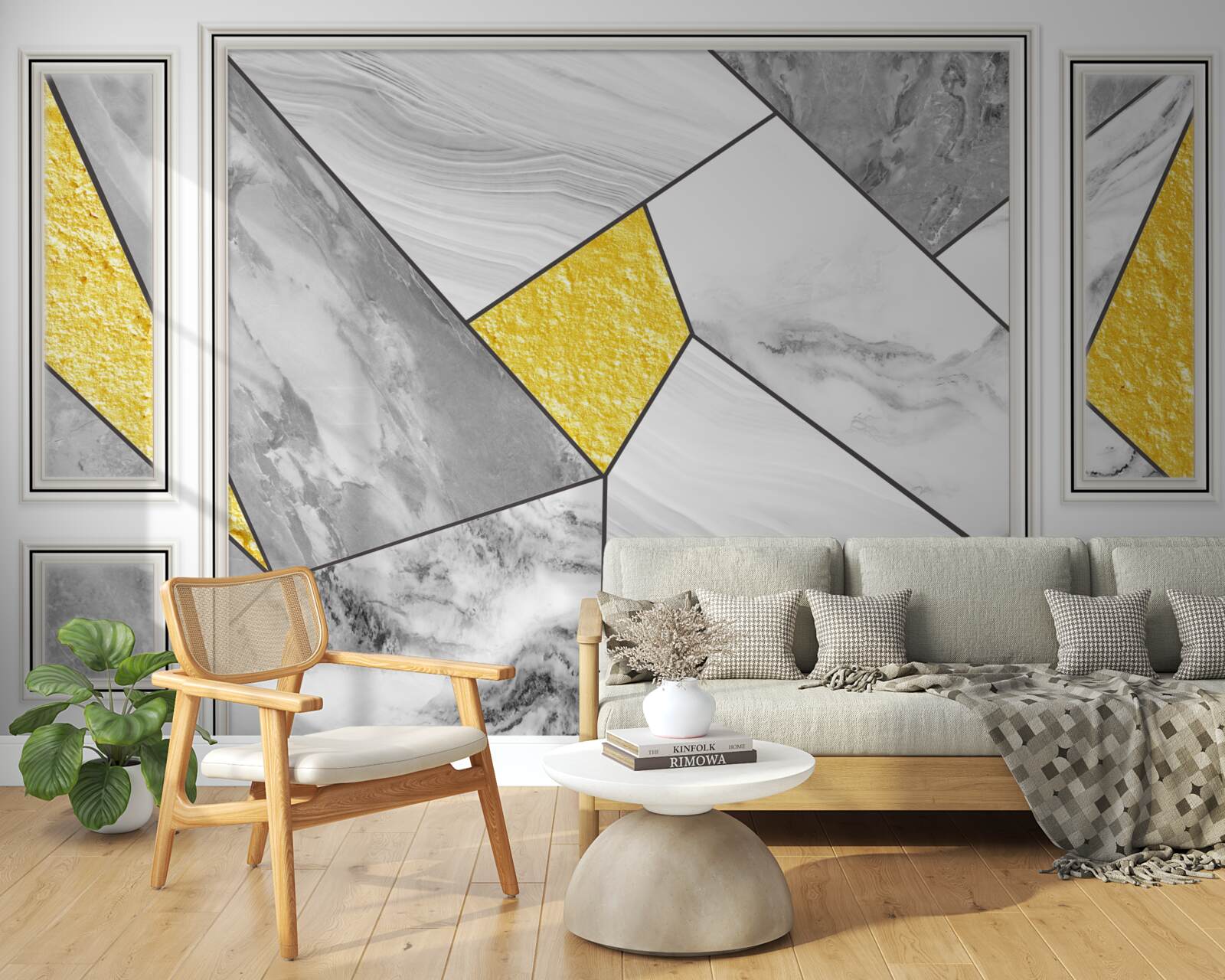 Fotobehang grijs mozaïek met gouden elementen