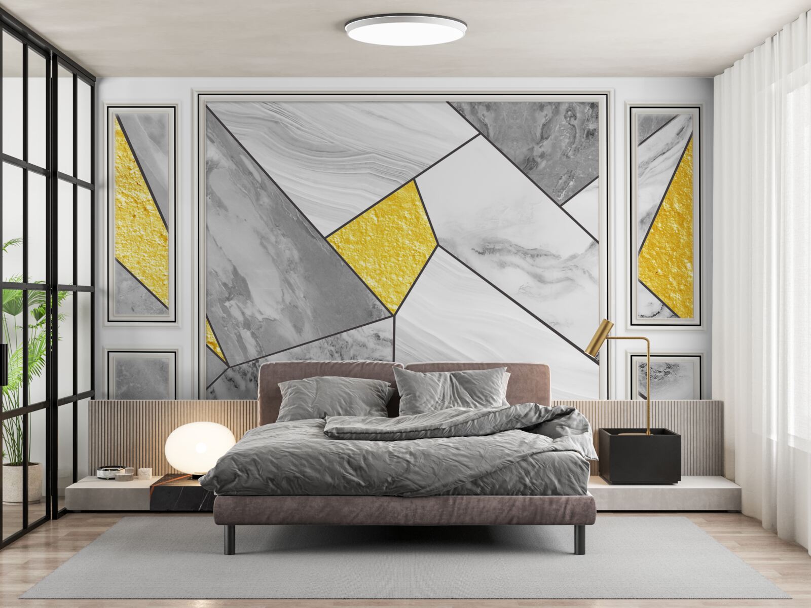 Fotobehang grijs mozaïek met gouden elementen