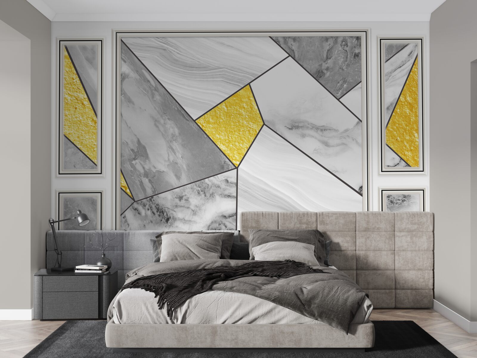 Fotobehang grijs mozaïek met gouden elementen