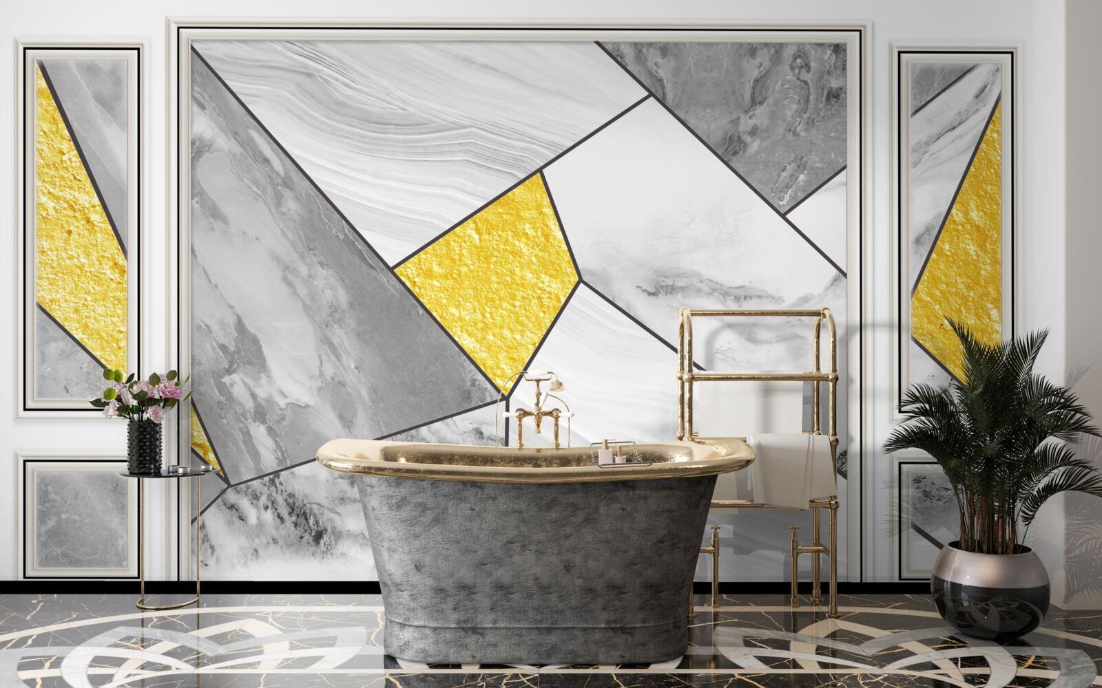Fotobehang grijs mozaïek met gouden elementen