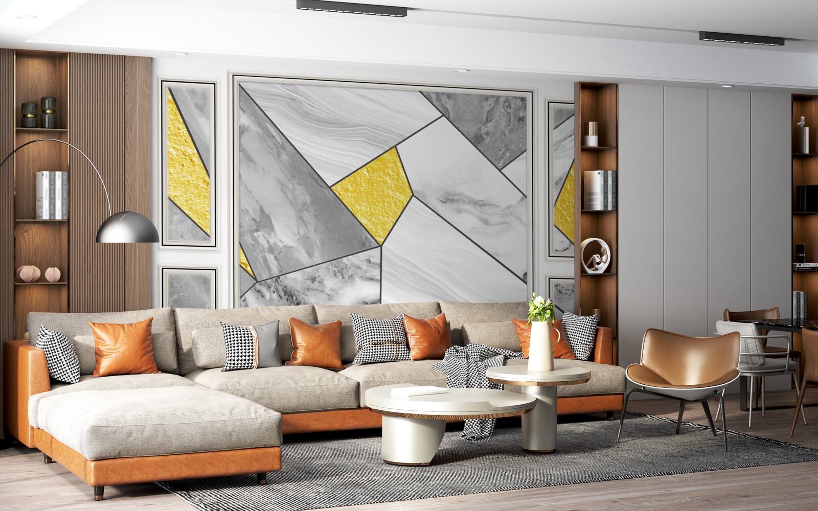 Fotobehang grijs mozaïek met gouden elementen