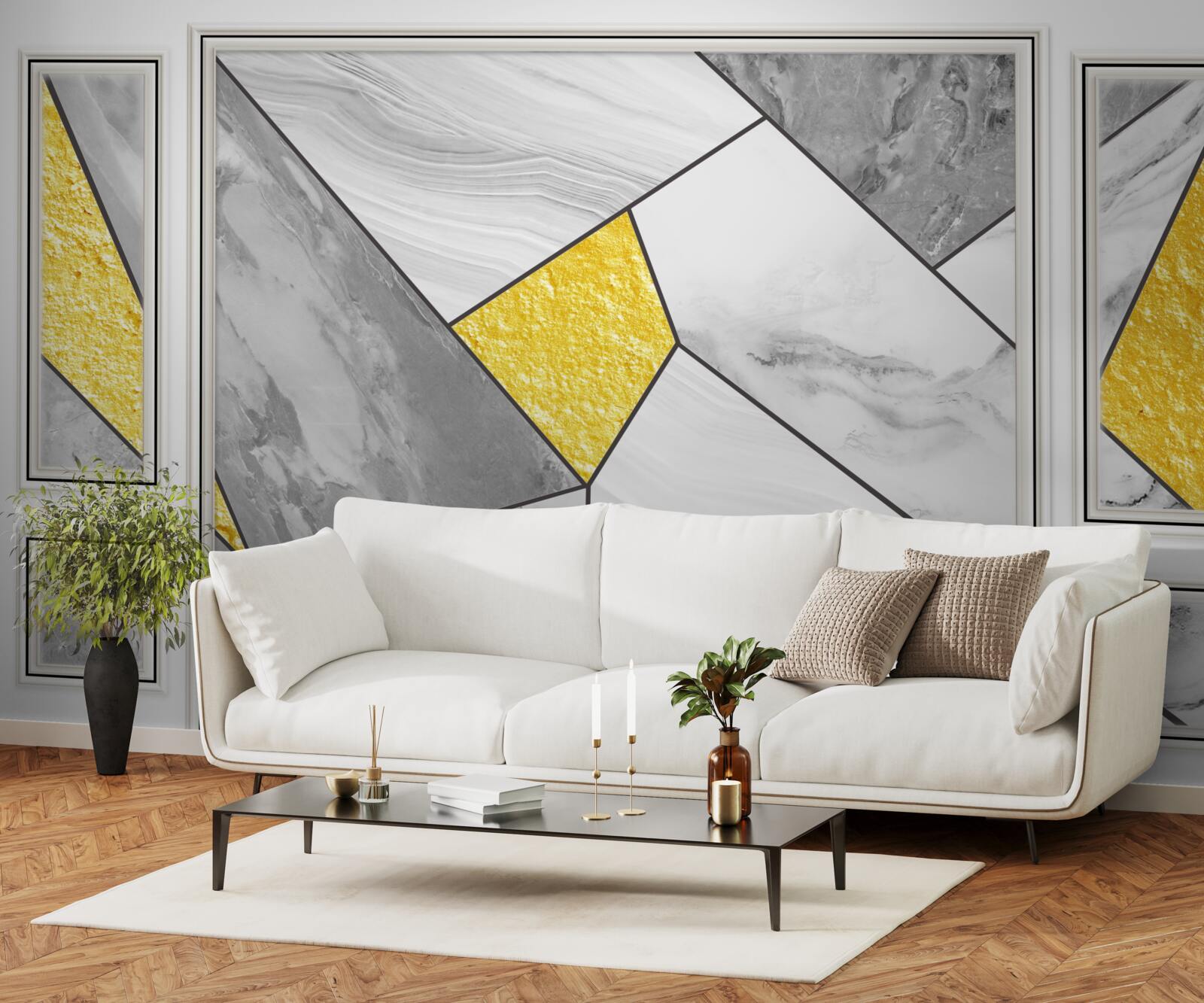 Fotobehang grijs mozaïek met gouden elementen