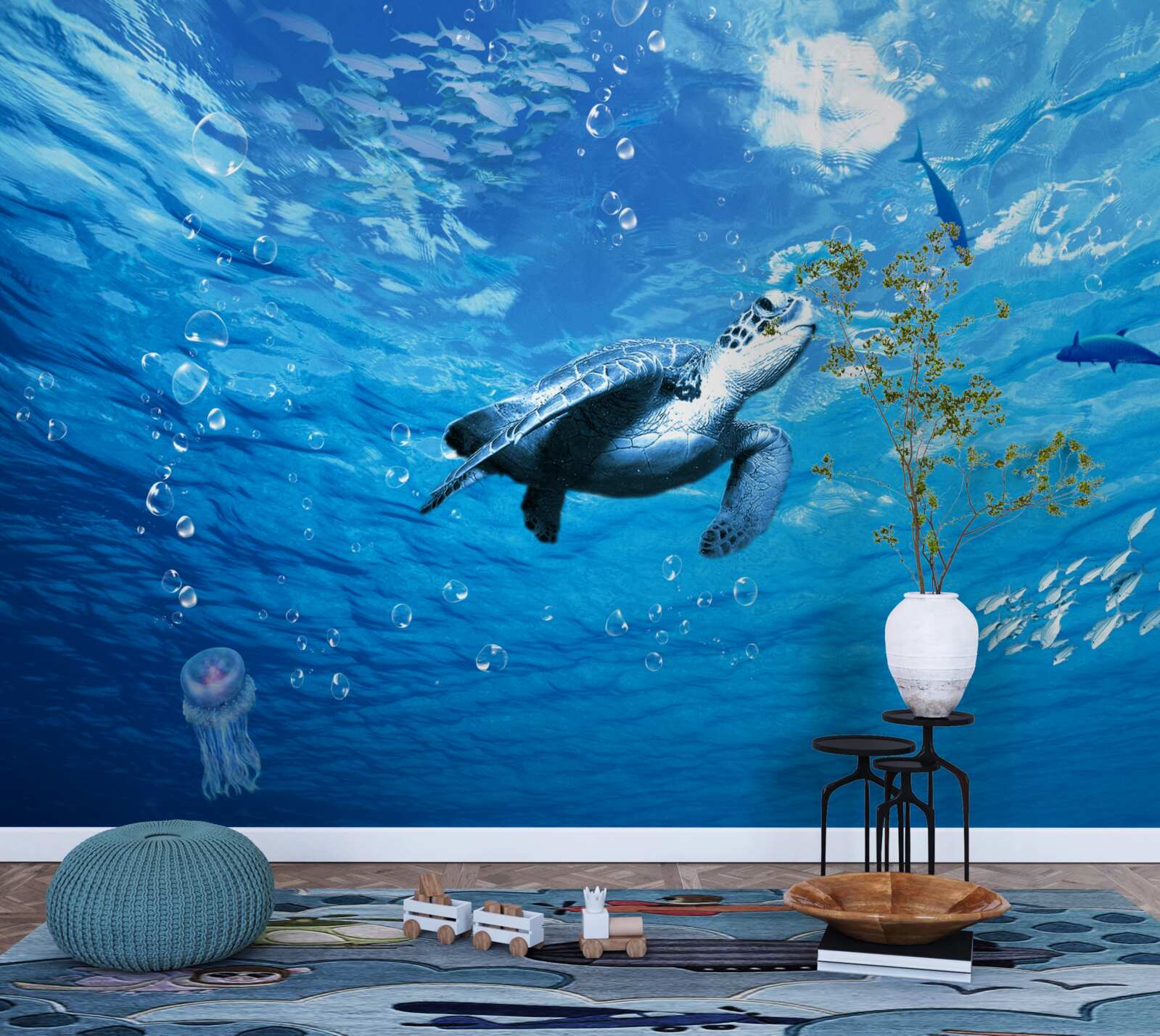 Fotobehang de blauwe zee is versierd met een zeeschildpad