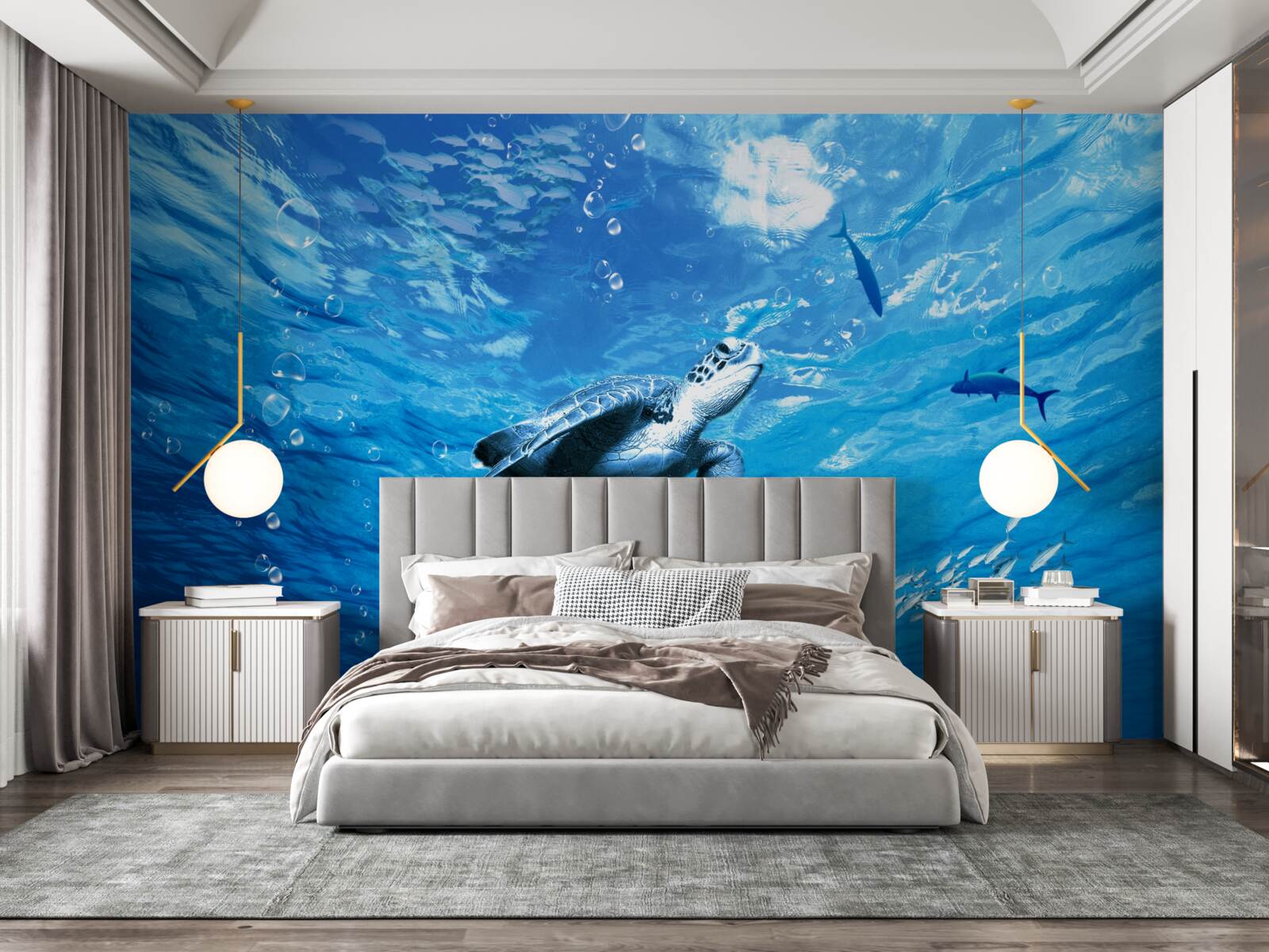 Fotobehang de blauwe zee is versierd met een zeeschildpad