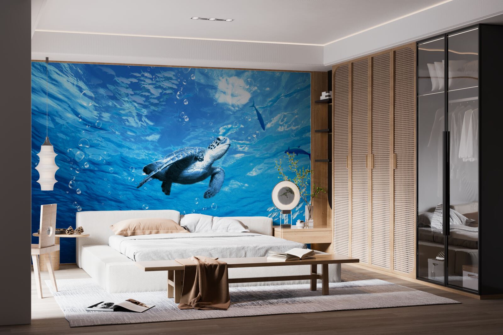 Fotobehang de blauwe zee is versierd met een zeeschildpad