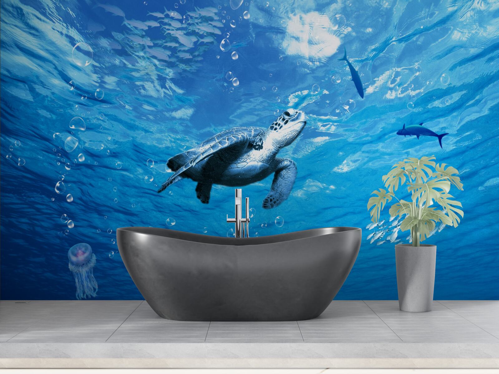 Fotobehang de blauwe zee is versierd met een zeeschildpad