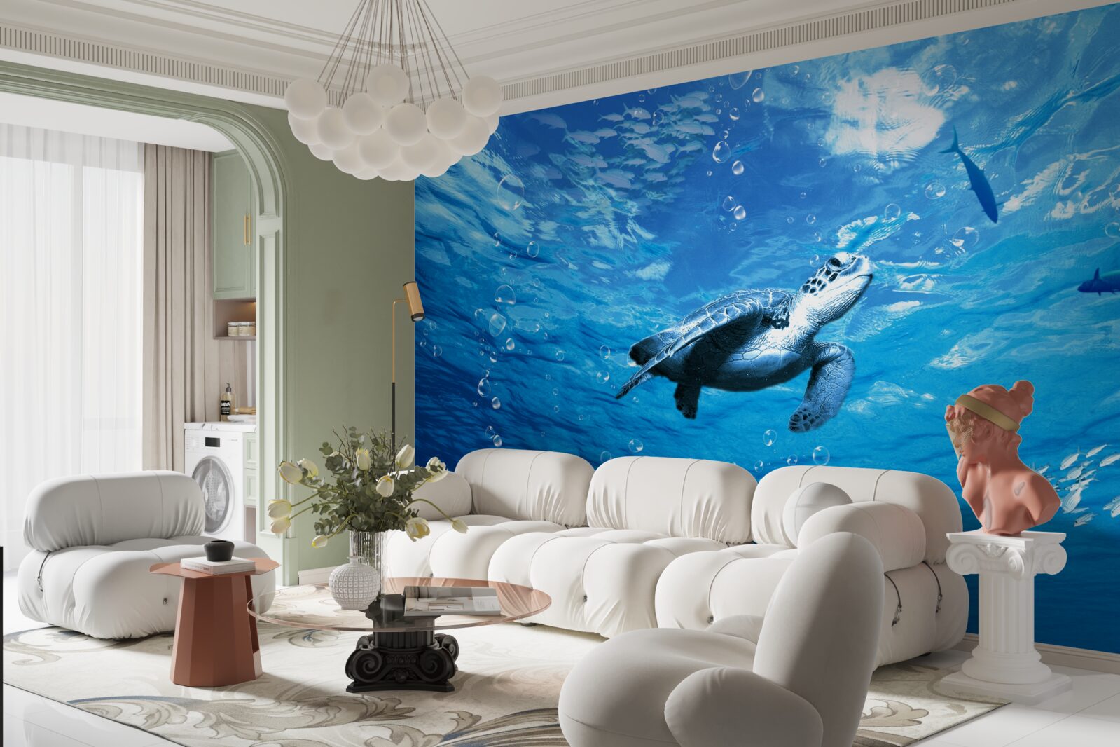 Fotobehang de blauwe zee is versierd met een zeeschildpad