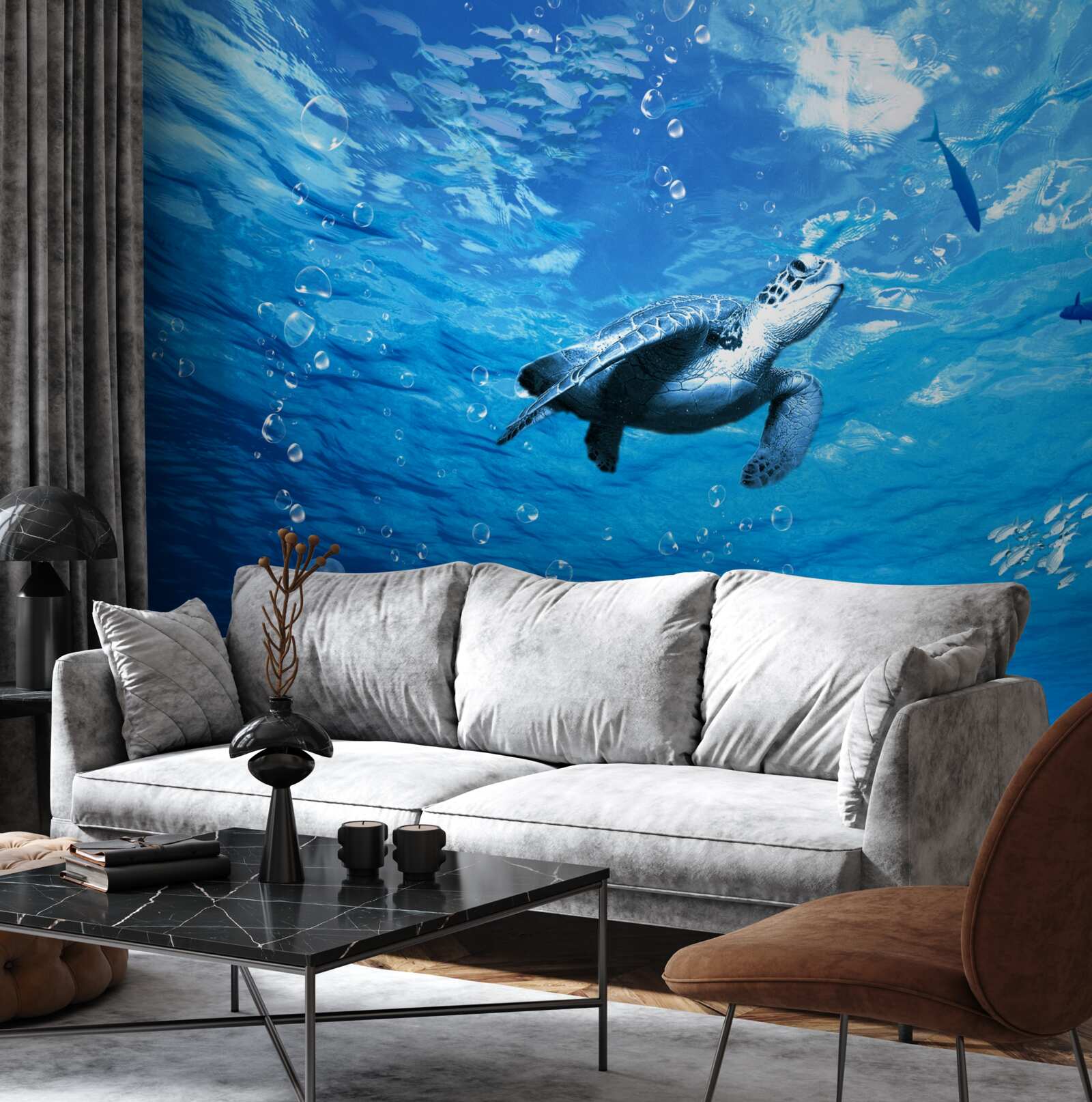 Fotobehang de blauwe zee is versierd met een zeeschildpad