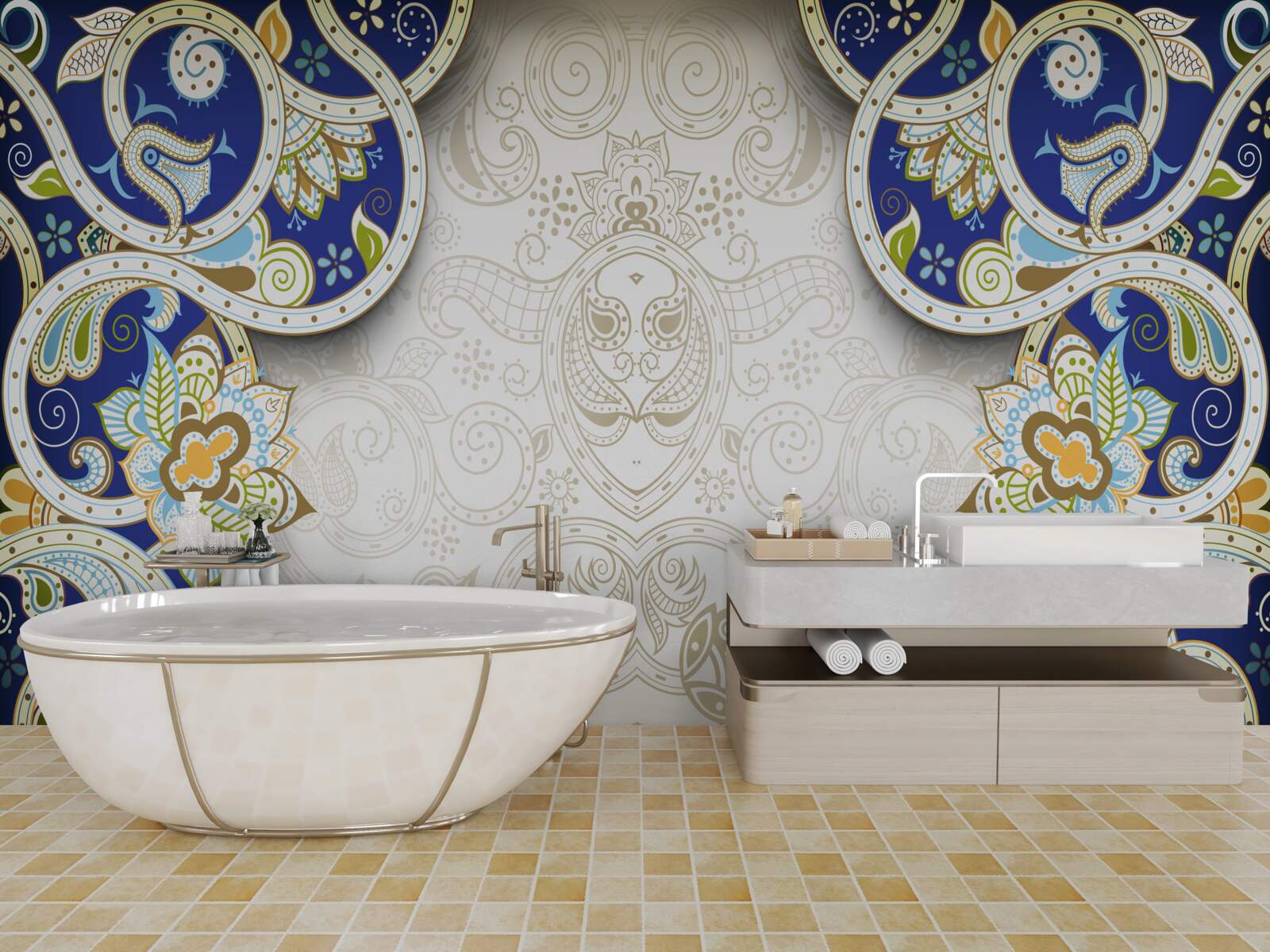 Fotobehang decoratie in oosterse stijl in blauwe kleuren