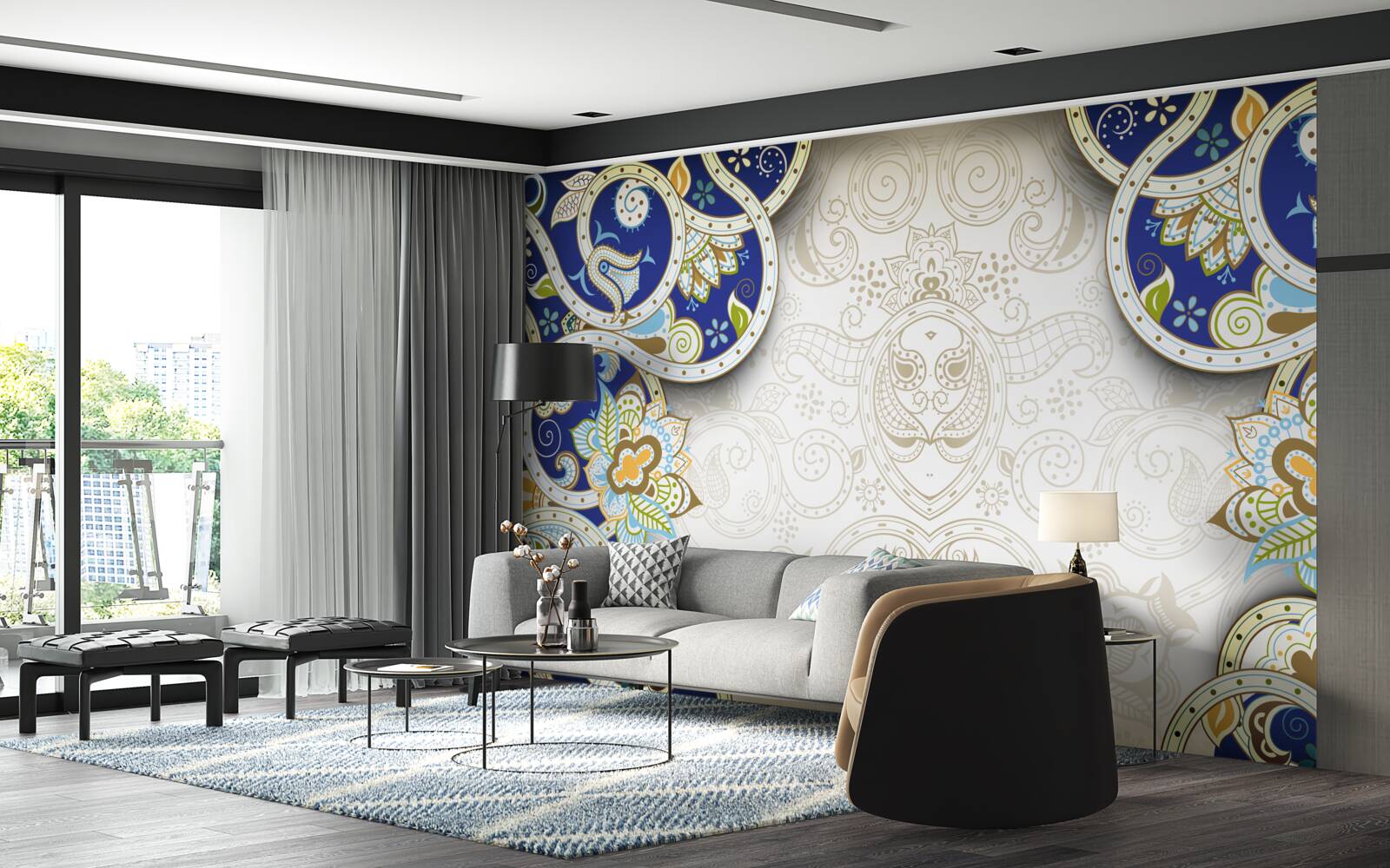 Fotobehang decoratie in oosterse stijl in blauwe kleuren