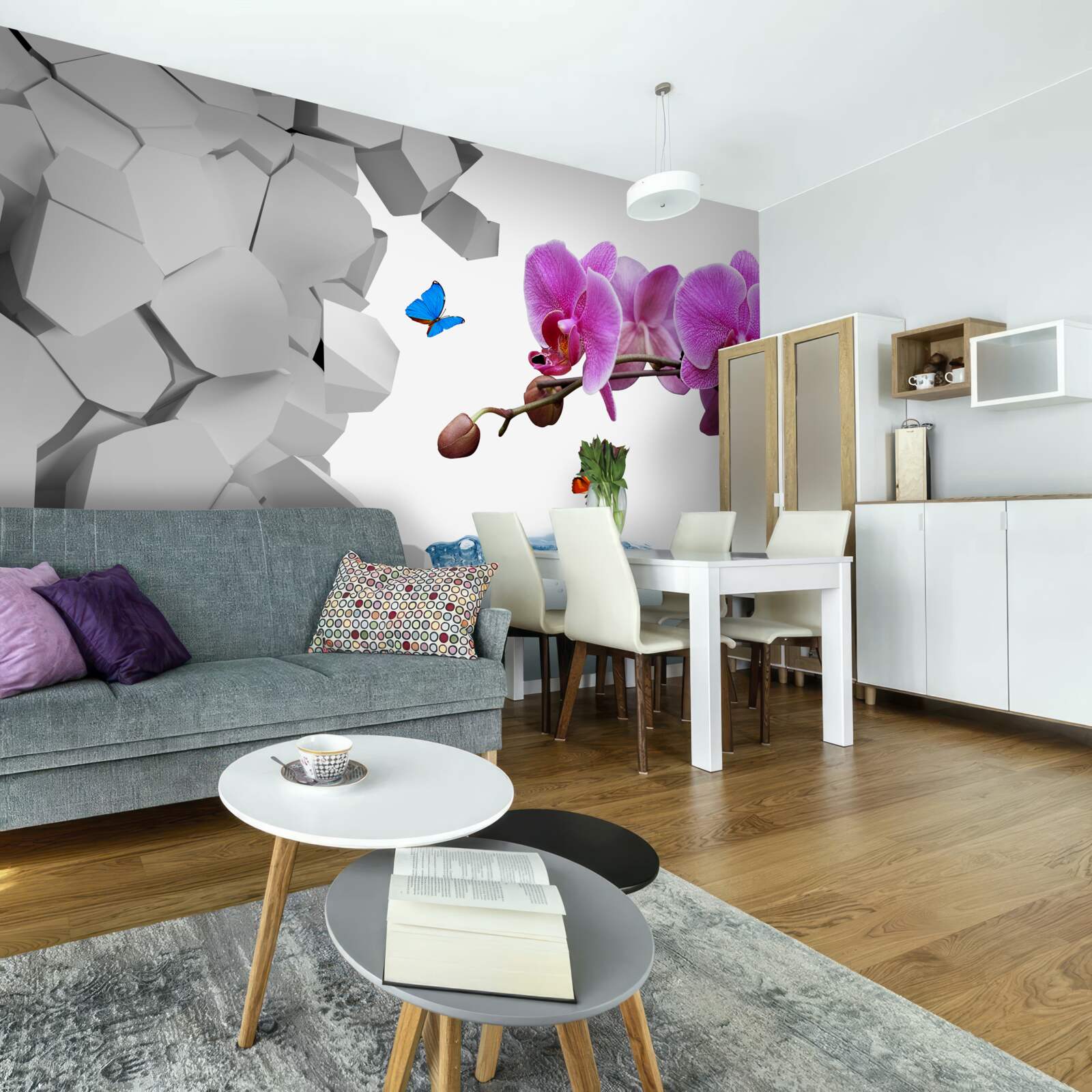 Fotobehang paarse orchidee en vlinders op een tak