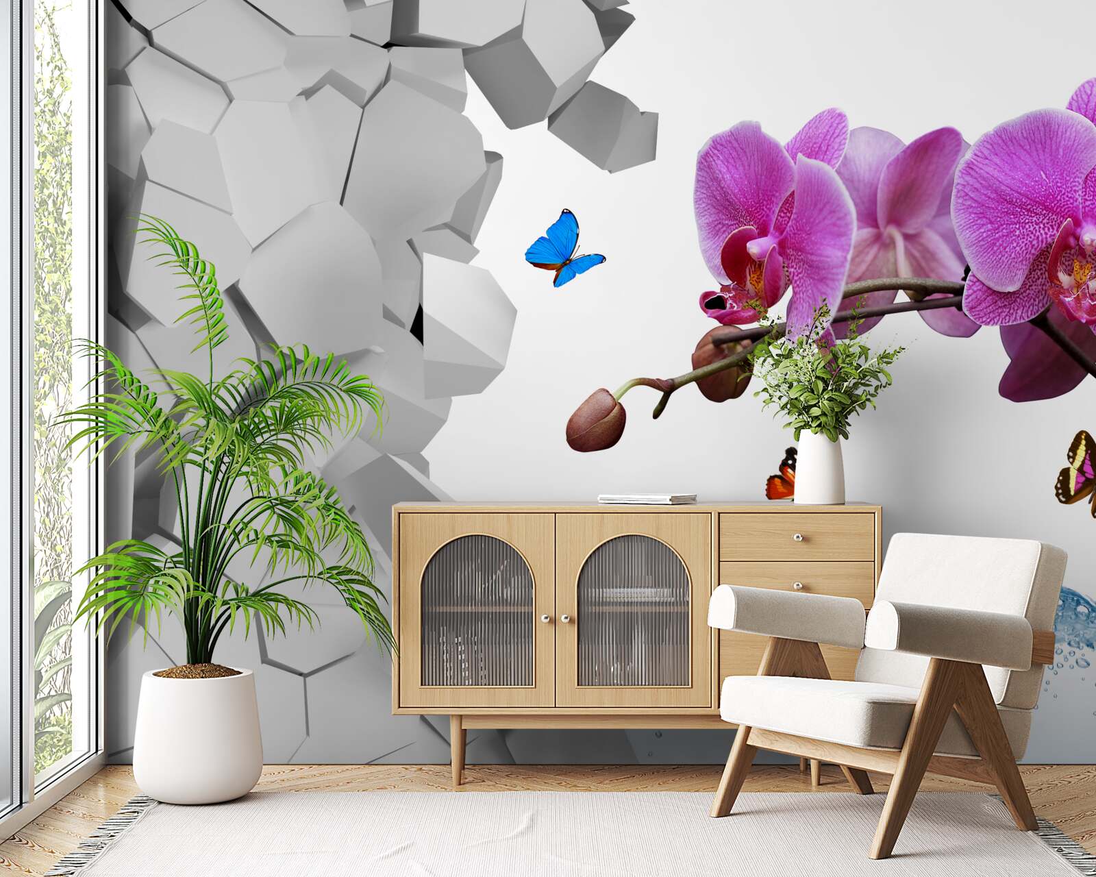 Fotobehang paarse orchidee en vlinders op een tak