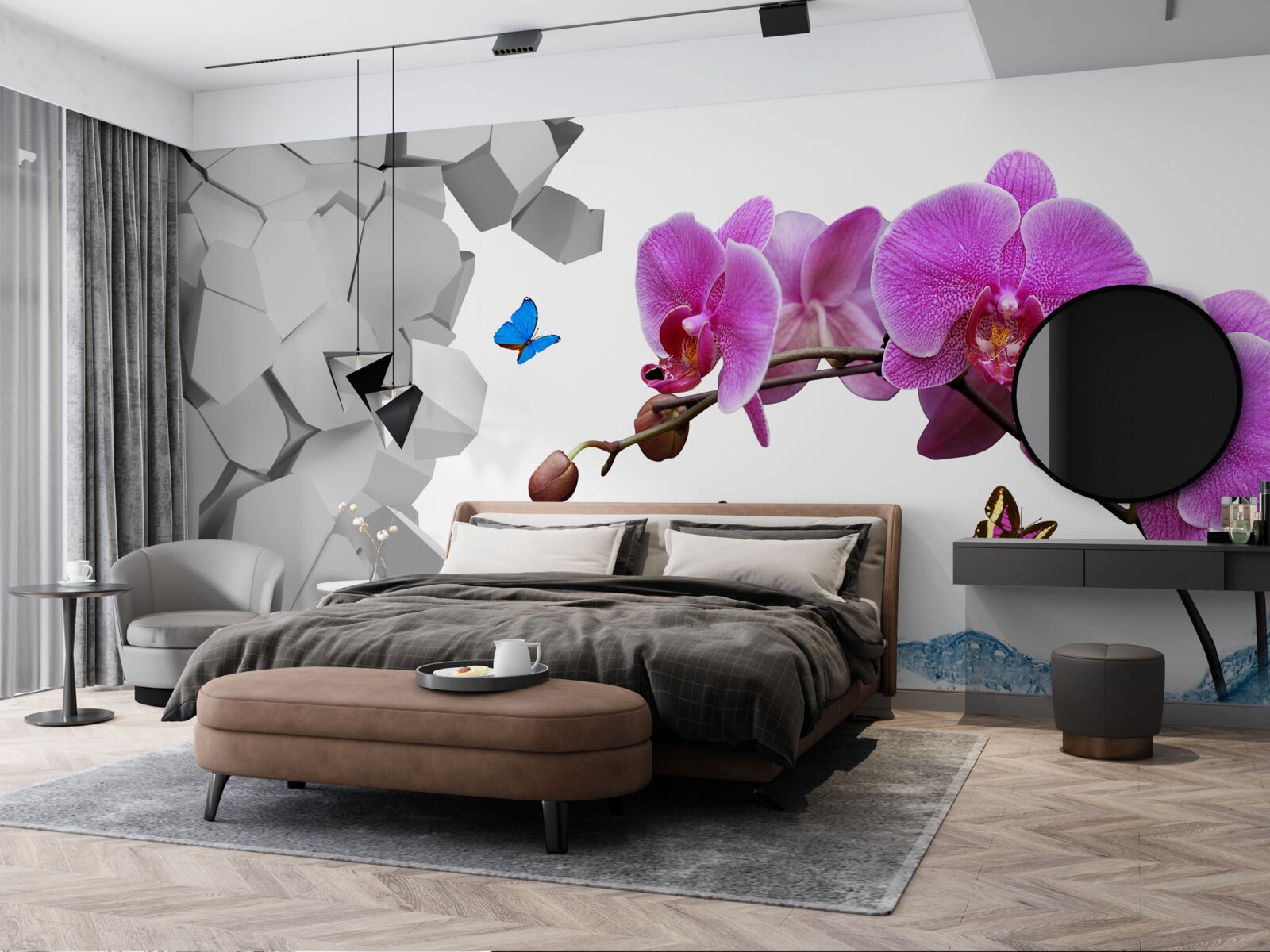 Fotobehang paarse orchidee en vlinders op een tak