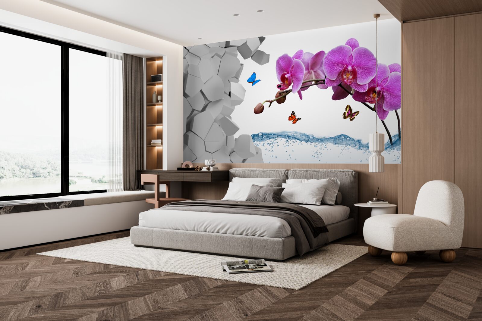 Fotobehang paarse orchidee en vlinders op een tak