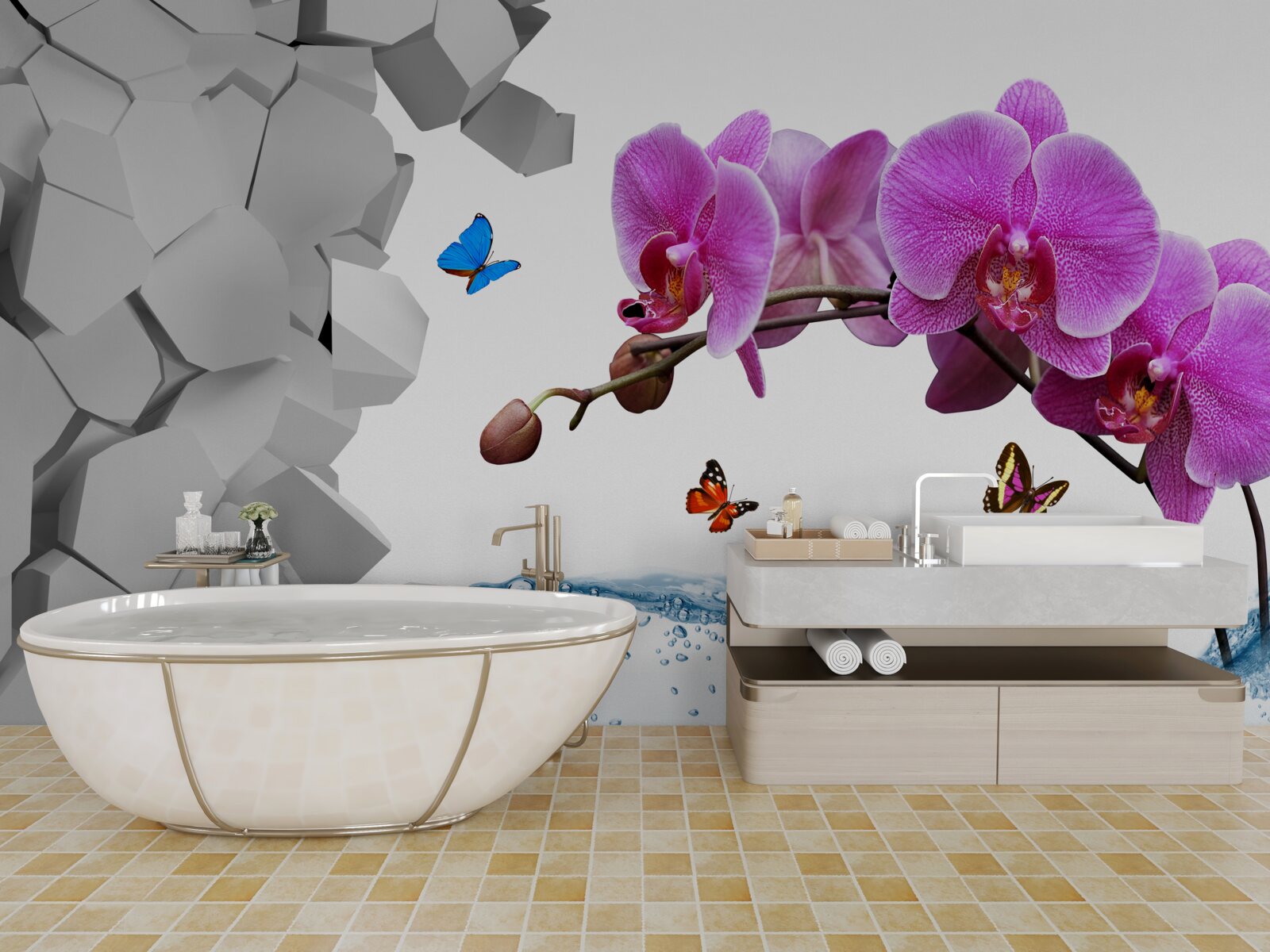 Fotobehang paarse orchidee en vlinders op een tak