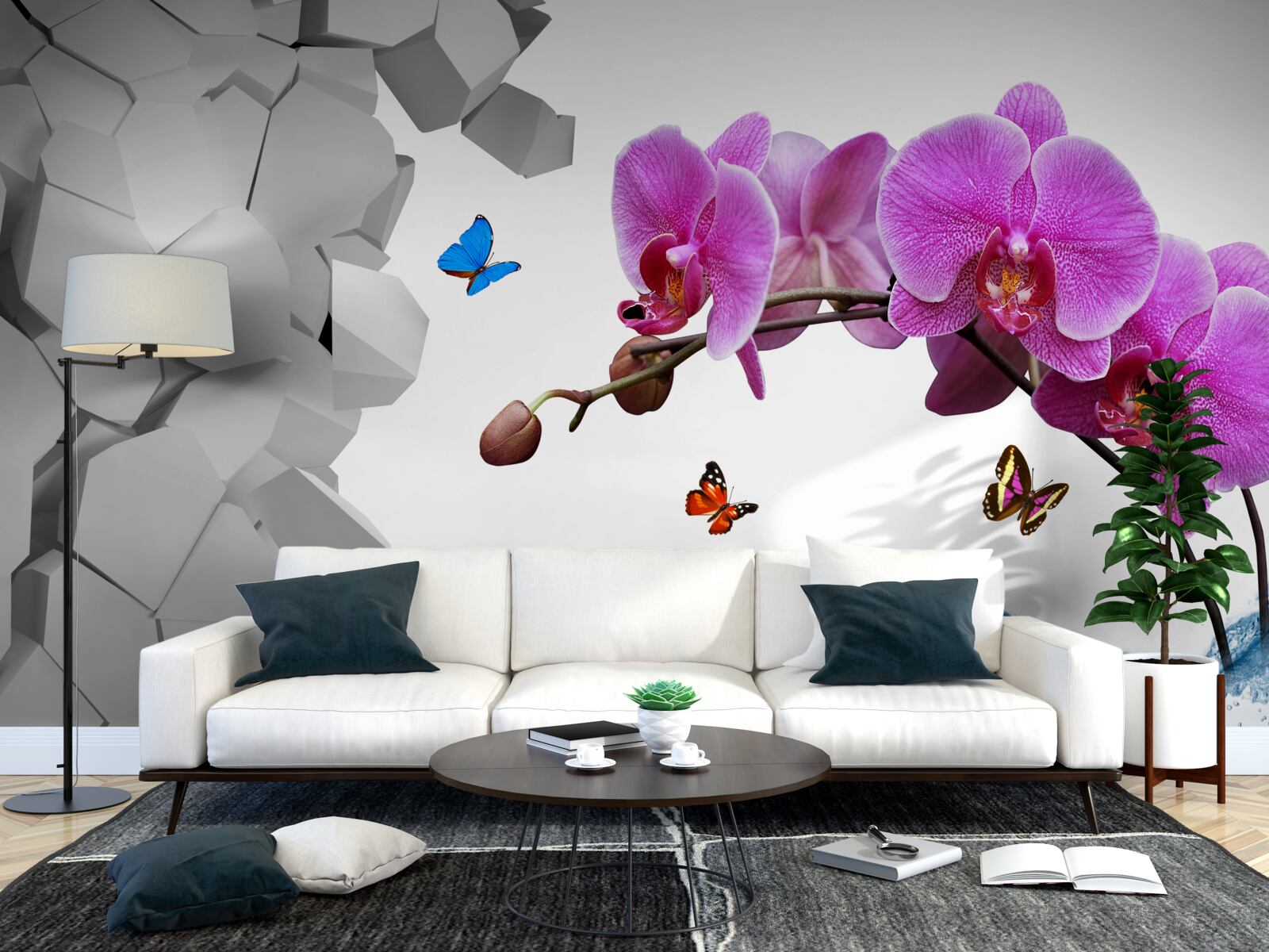 Fotobehang paarse orchidee en vlinders op een tak