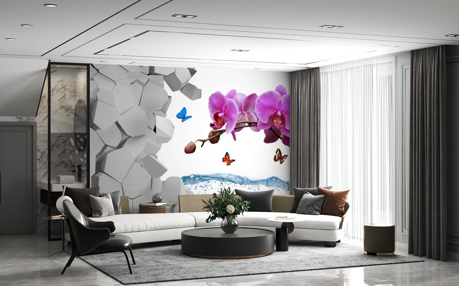 Fotobehang paarse orchidee en vlinders op een tak