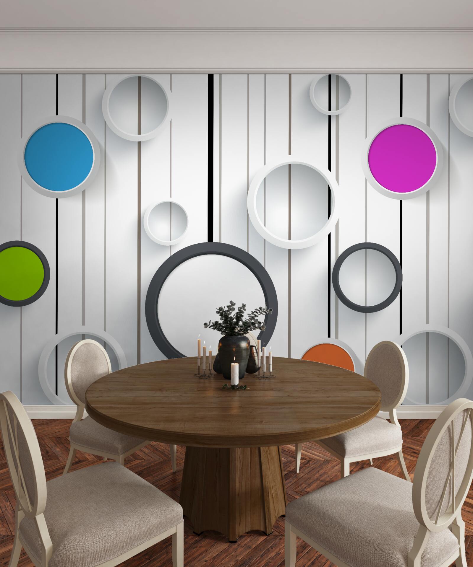 Fotobehang veelkleurige cirkels op een lichtgekleurd parket