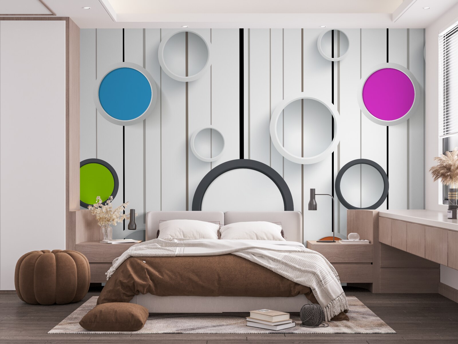 Fotobehang veelkleurige cirkels op een lichtgekleurd parket