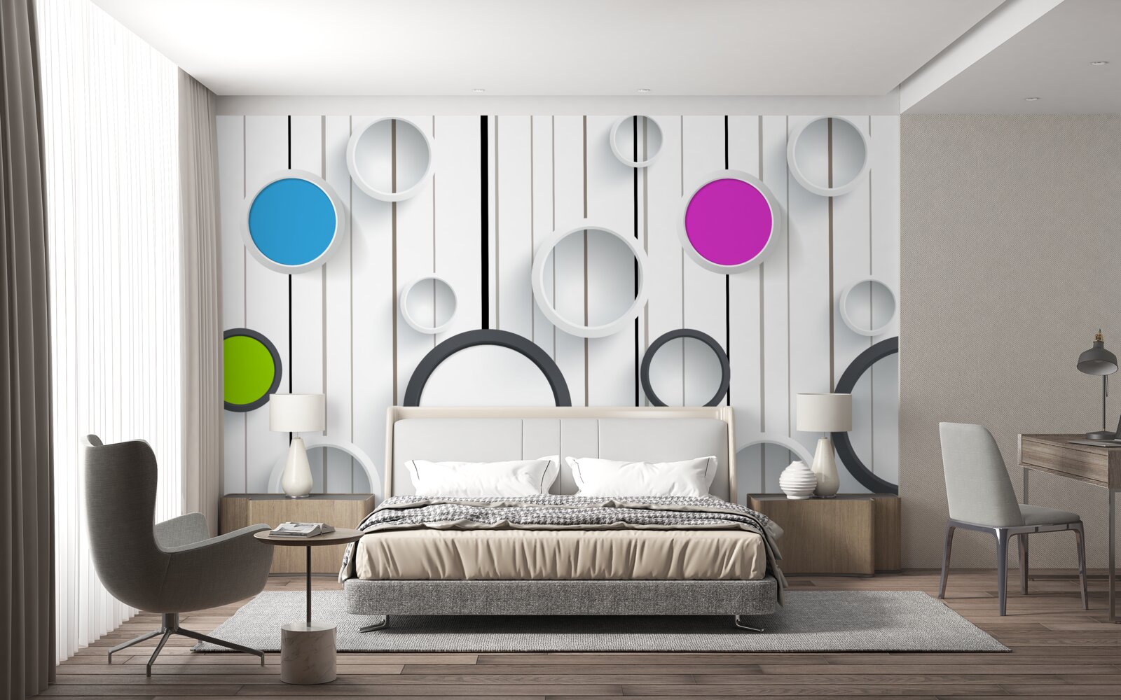 Fotobehang veelkleurige cirkels op een lichtgekleurd parket