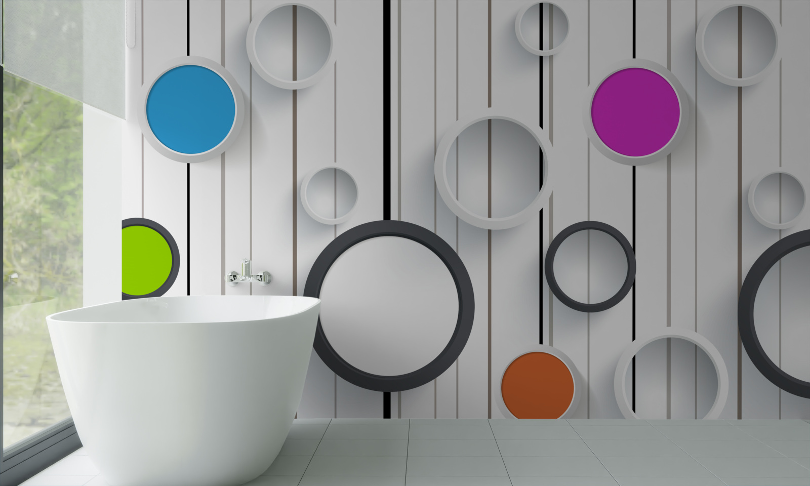 Fotobehang veelkleurige cirkels op een lichtgekleurd parket