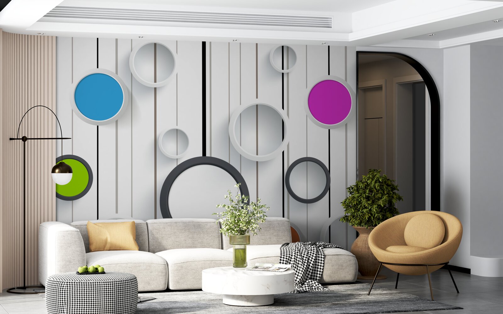 Fotobehang veelkleurige cirkels op een lichtgekleurd parket