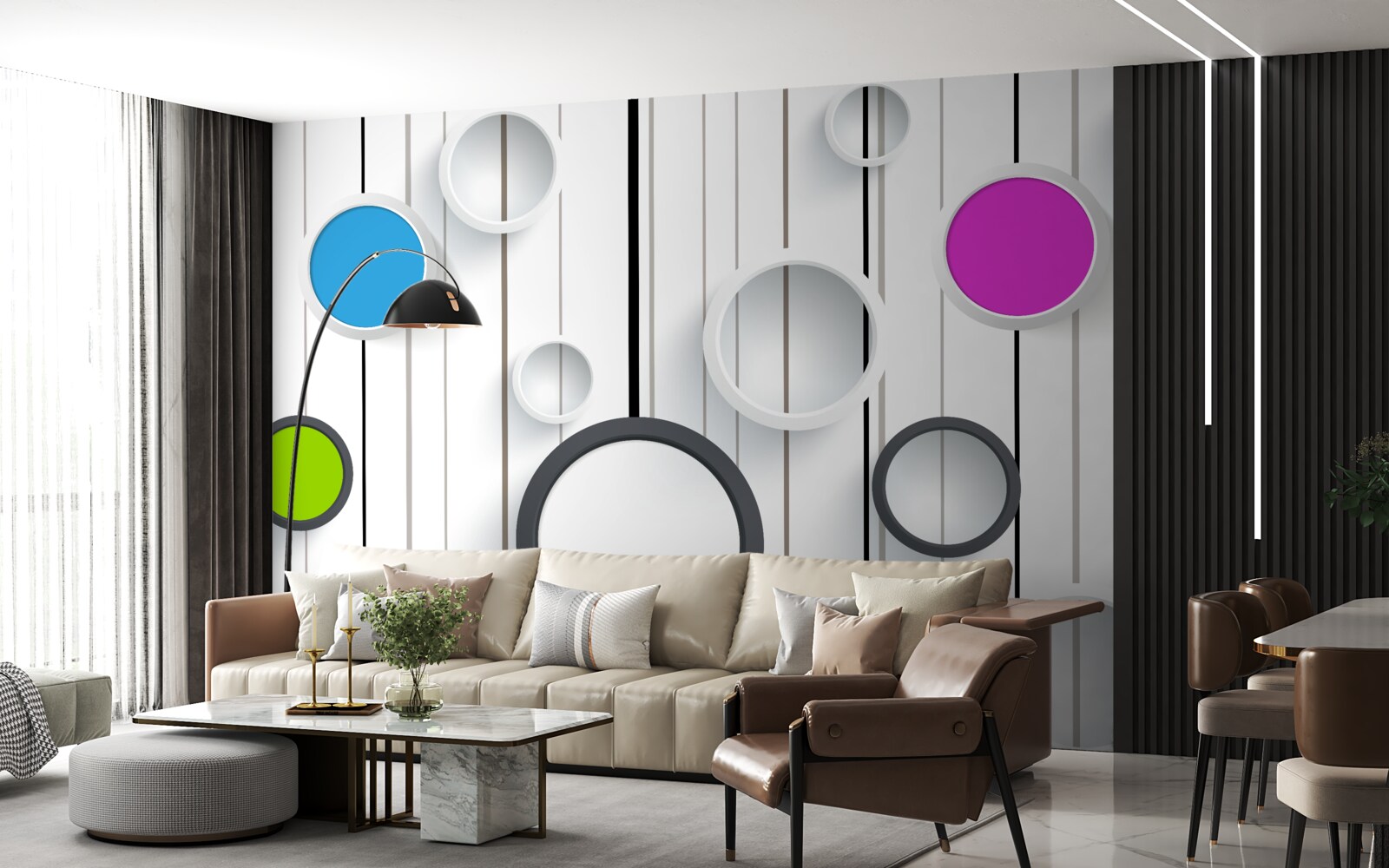 Fotobehang veelkleurige cirkels op een lichtgekleurd parket