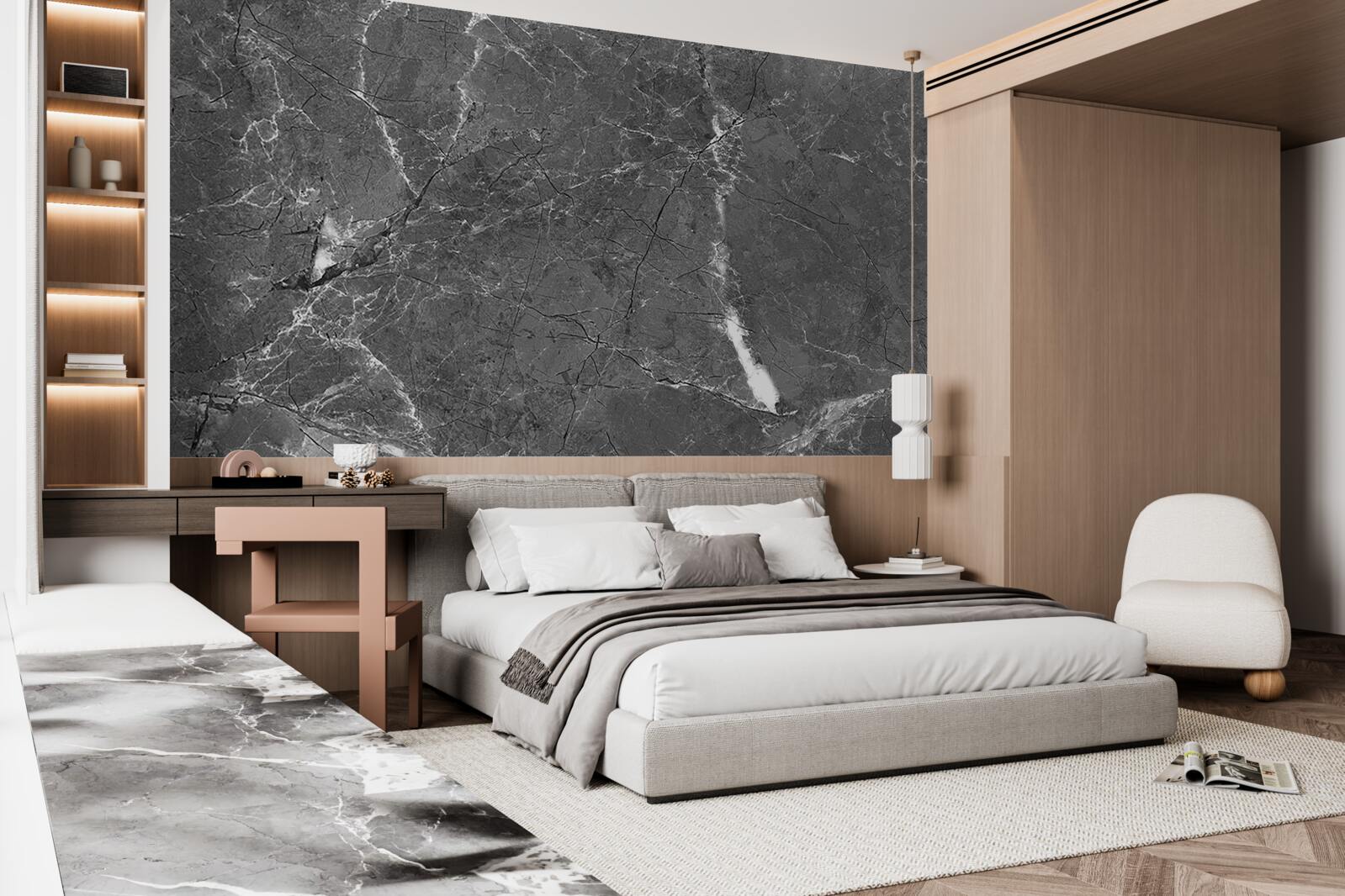 Fotobehang witte rondingen op grijs marmer