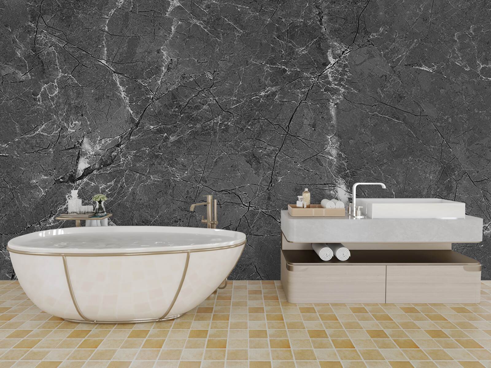 Fotobehang witte rondingen op grijs marmer