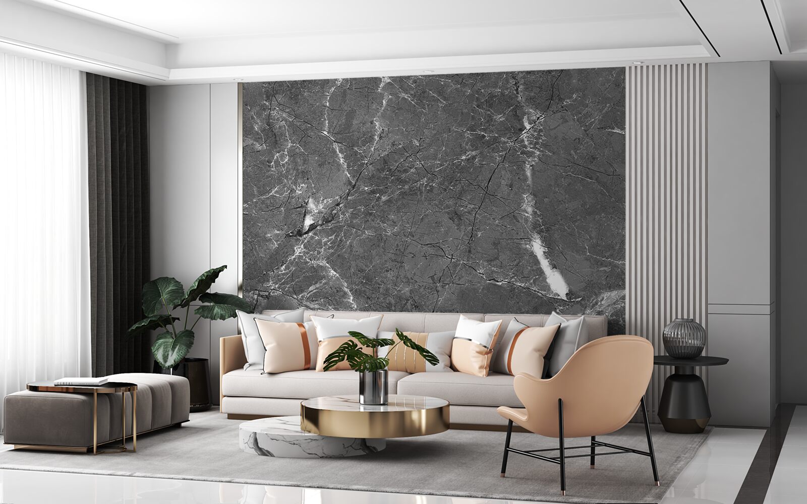 Fotobehang witte rondingen op grijs marmer