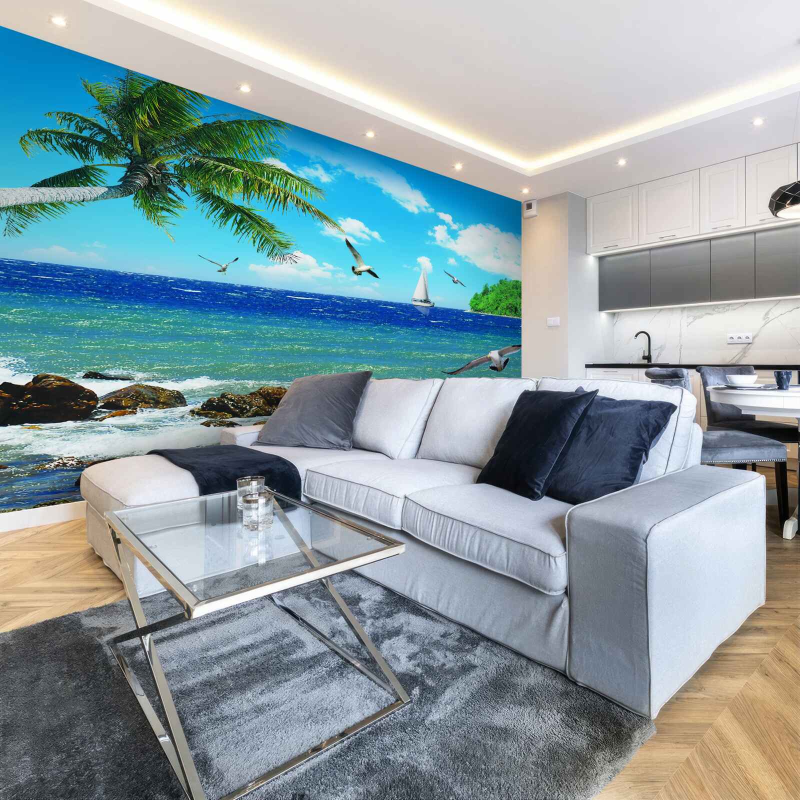 Fotobehang ruwe zee en zeevogels