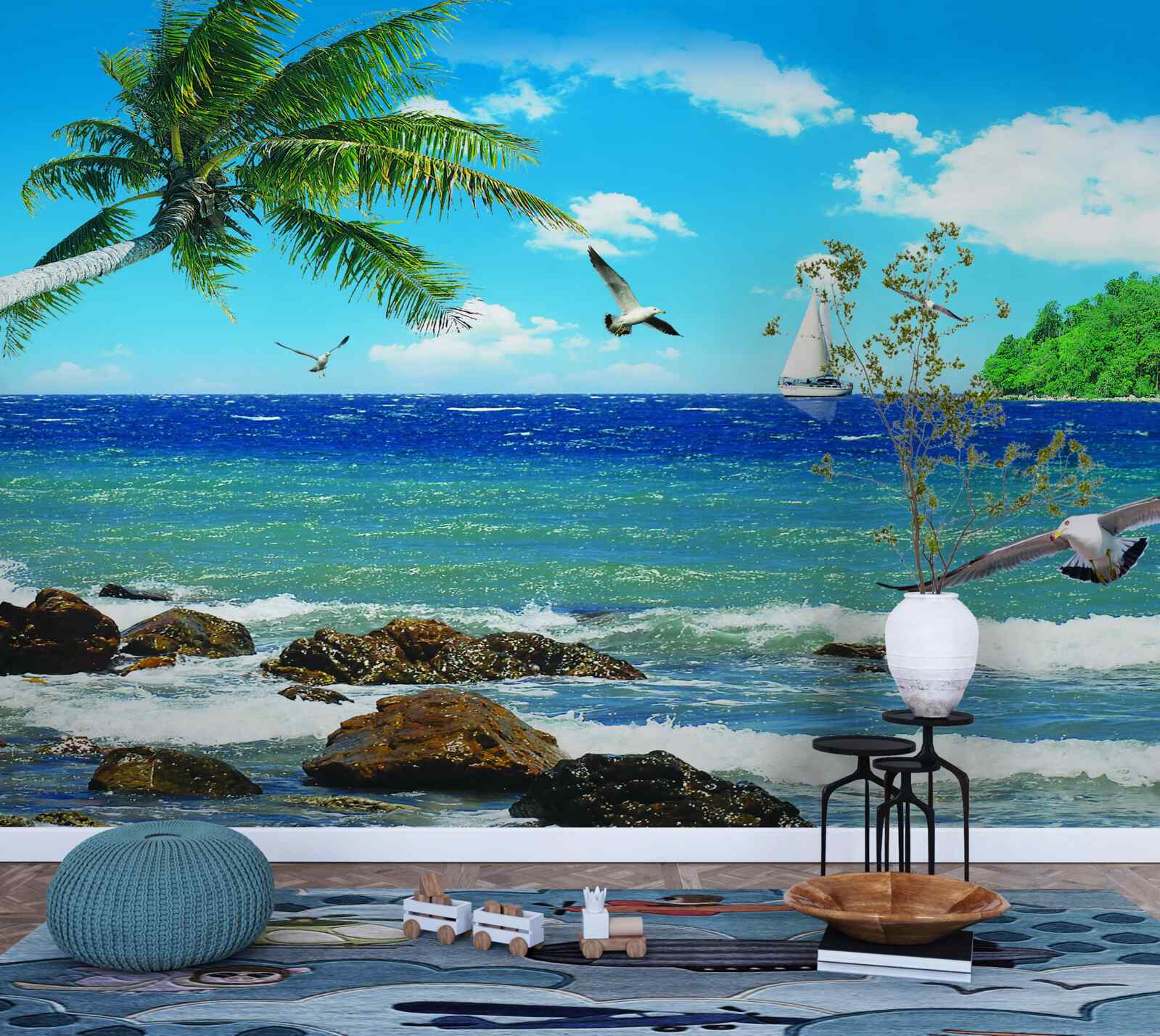 Fotobehang ruwe zee en zeevogels