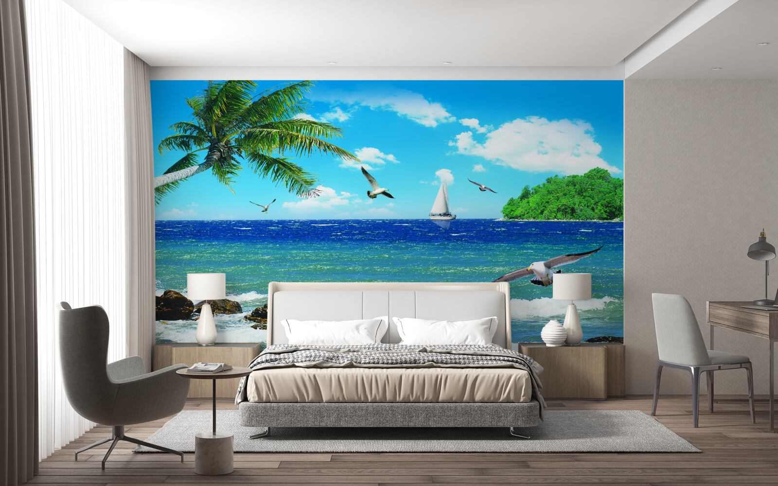 Fotobehang ruwe zee en zeevogels