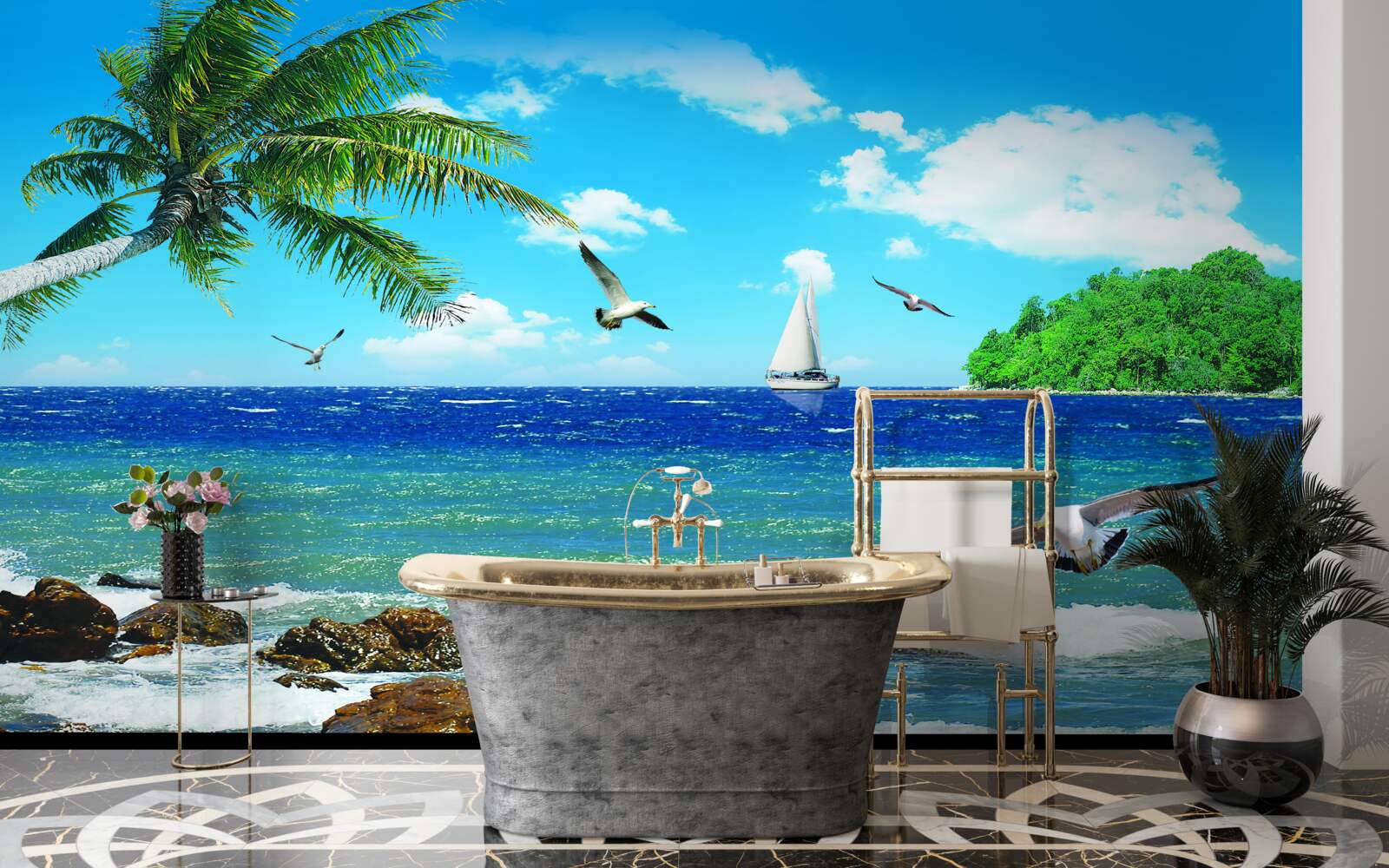 Fotobehang ruwe zee en zeevogels