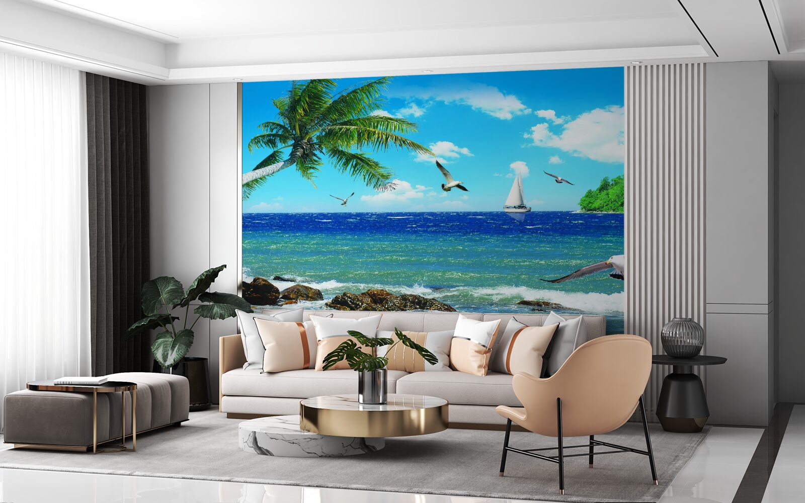 Fotobehang ruwe zee en zeevogels