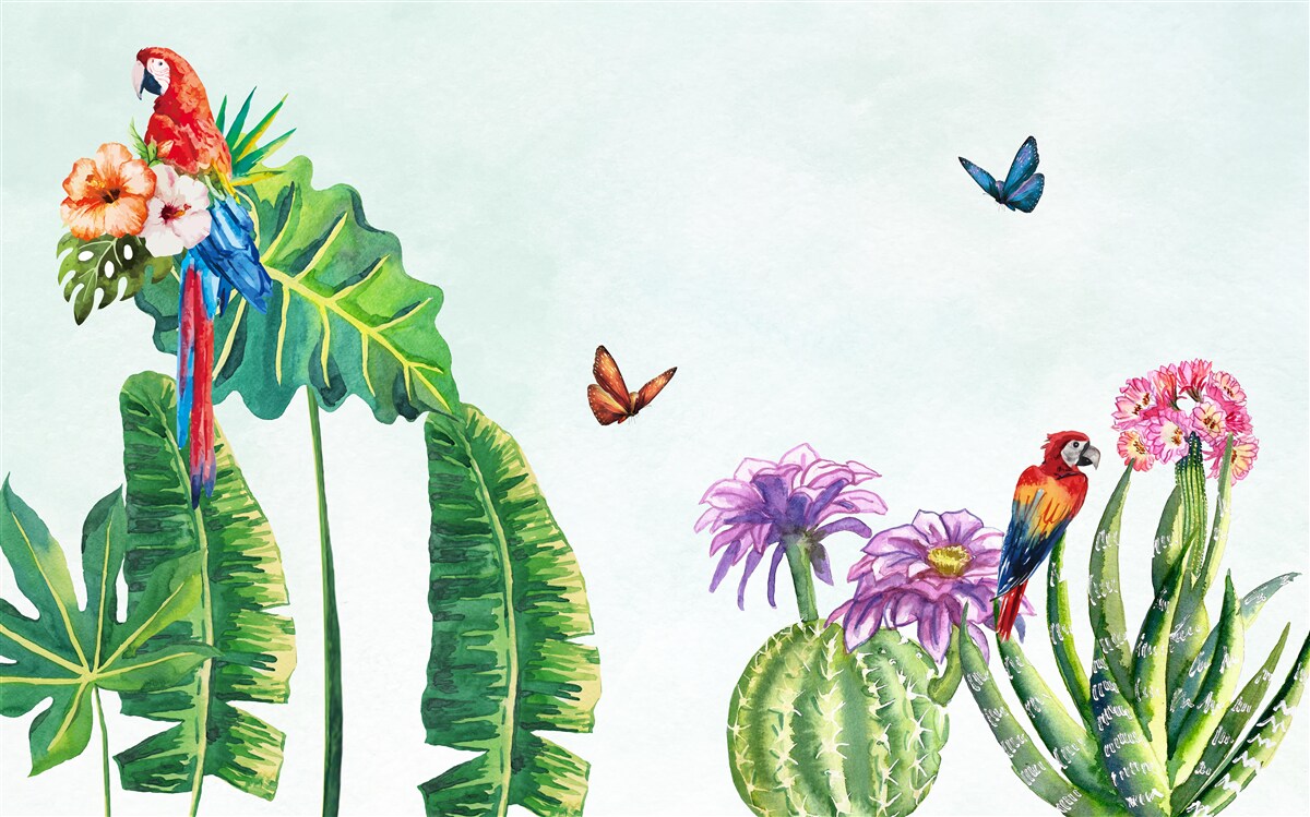 Fotobehang kleurrijke papegaaien en vlinders verschijnen tussen het groen